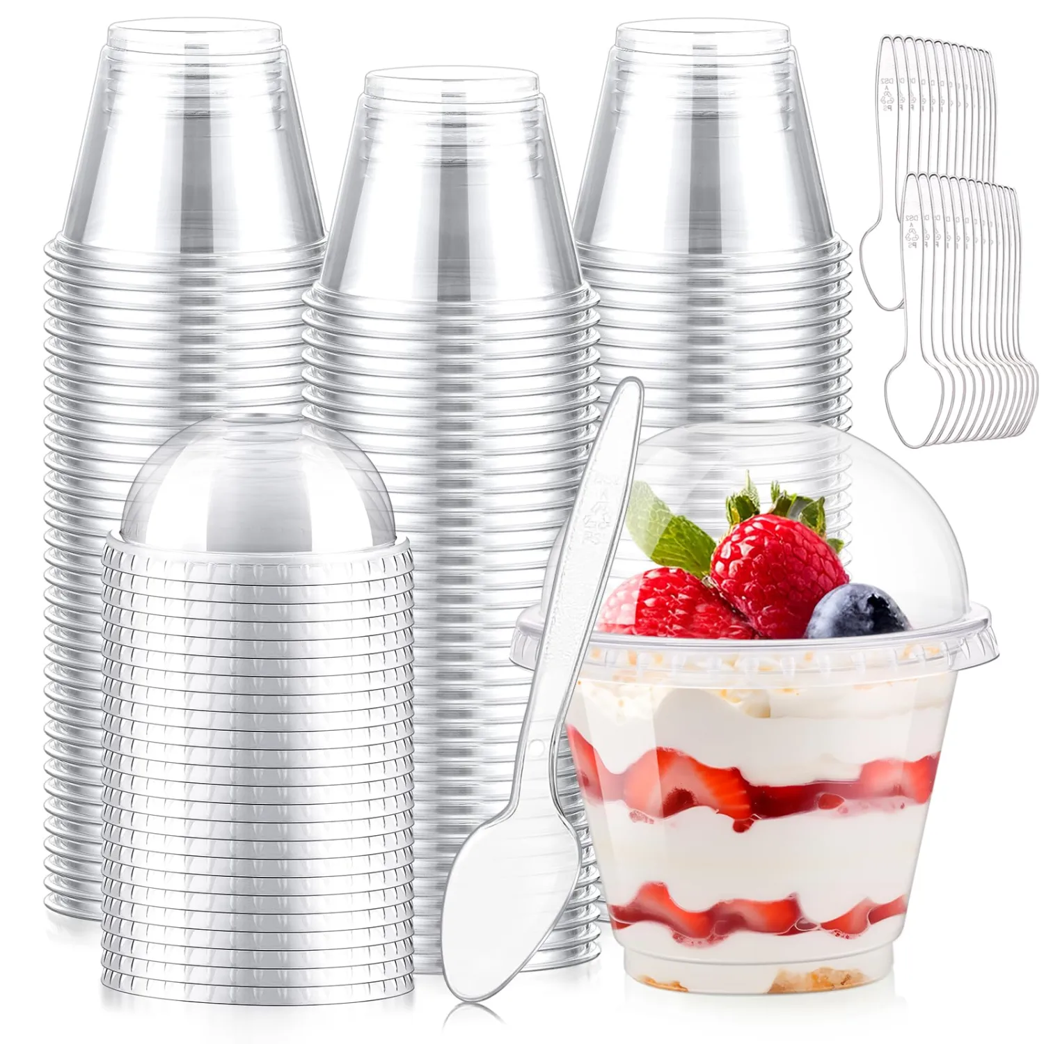 KesaPlan 100 Set 9 oz Plastic Clear Dessert Cups with Dome Lids No Hole & Spoons, Crystal Disposable Parfait Cup with Lids, Plastic Fruit Cups for Ice Cream Puddings Yogurt Smoothie Juice Snacks