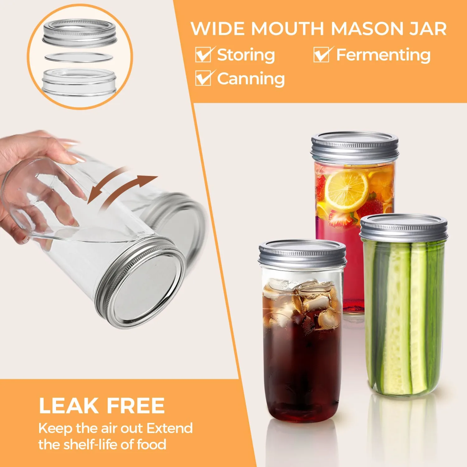 ComSaf 24 oz Mason Jars Wide Mouth 6 Pcs, Large Canning Jars with Seal Bands, 24 oz Glass jar with Lid for Jam, Sauce, Juice, Coffee, Pickling, Fruit, Dessert, Kitchen Storage, Vanilla Extract