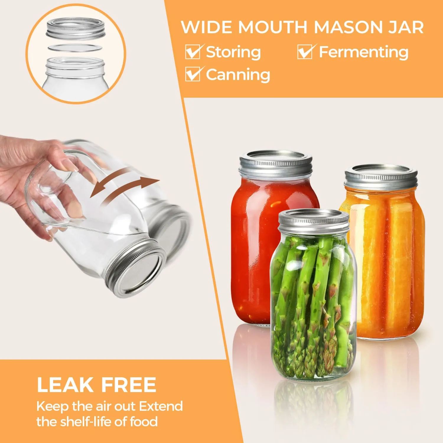 ComSaf 24 oz Mason Jars Regular Mouth 6 Pcs, Large Canning Jars with Seal Bands, 24 oz Glass Jar with Lid for Jams, Sauces, Juice, Coffee, Pickling, Fruit, Dessert, Kitchen Storage