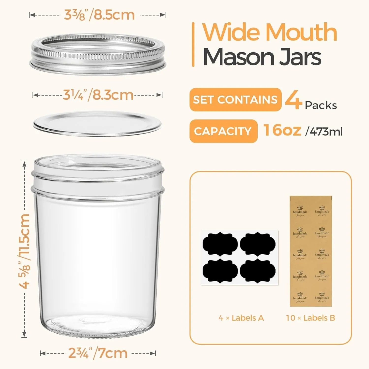 ComSaf Mason Jars 16 oz with lids - 4 Pack, Pint Mason Jars with Seal Bands, Glass Canning Jars for Honey, Jam, Jelly, Coffee, Salad, Desert, Shower Wedding Favors, DIY Candles Decor