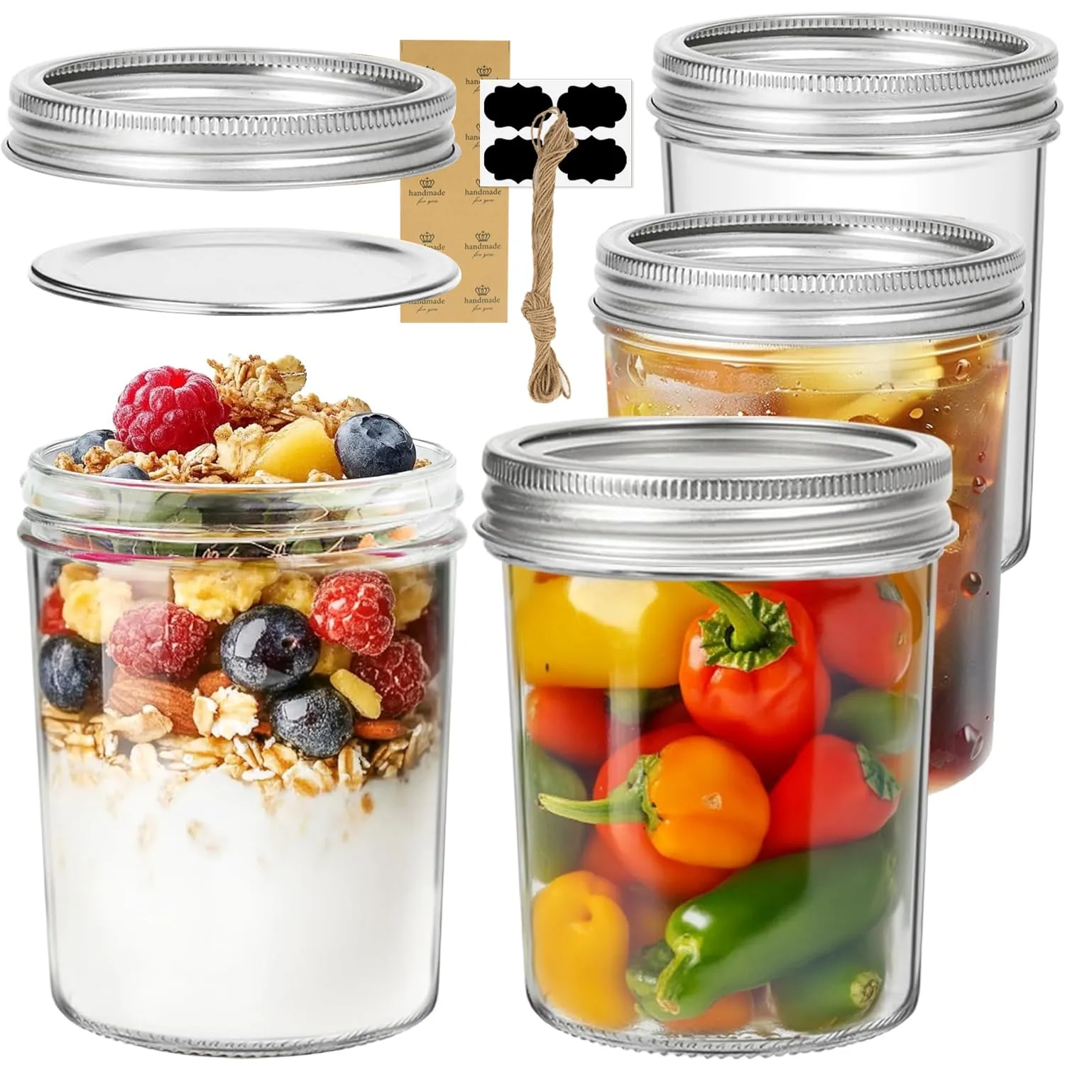 ComSaf Mason Jars 16 oz with lids - 4 Pack, Pint Mason Jars with Seal Bands, Glass Canning Jars for Honey, Jam, Jelly, Coffee, Salad, Desert, Shower Wedding Favors, DIY Candles Decor