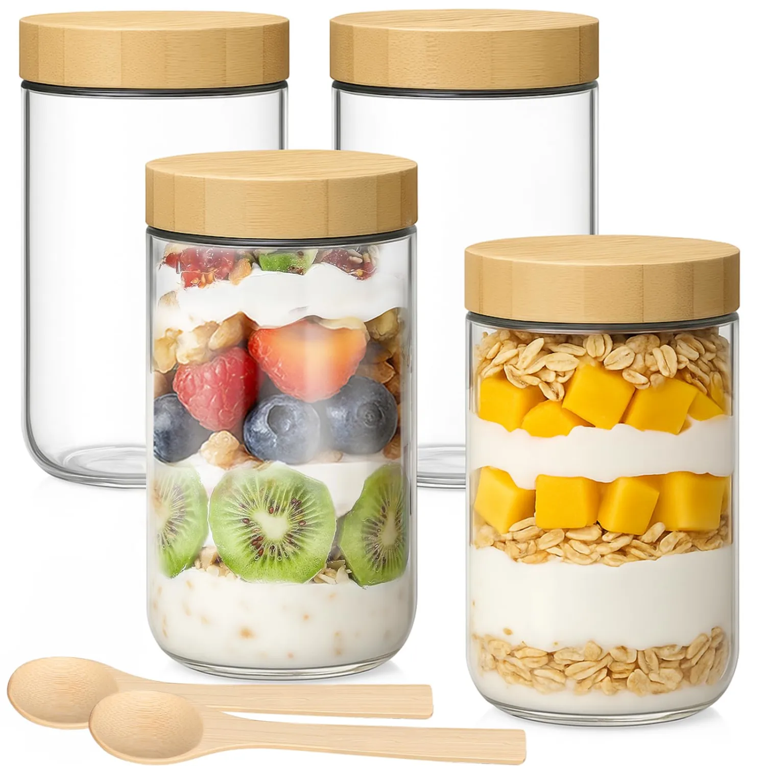 24oz Glass Jars with Bamboo Lids, Spoons, Airtight Overnight Oats Containers, Wide Mouth Mason Jars for Snack Storage For Food, Yogurt, Salad, Sugar and Flour, Coffee Bean, Cookie, Cereal