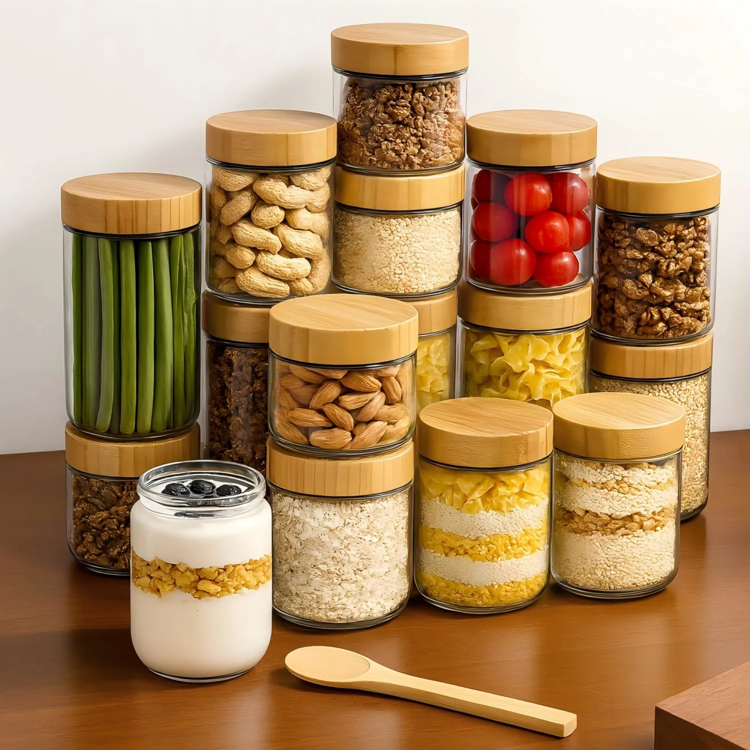 24oz Glass Jars with Bamboo Lids, Spoons, Airtight Overnight Oats Containers, Wide Mouth Mason Jars for Snack Storage For Food, Yogurt, Salad, Sugar and Flour, Coffee Bean, Cookie, Cereal