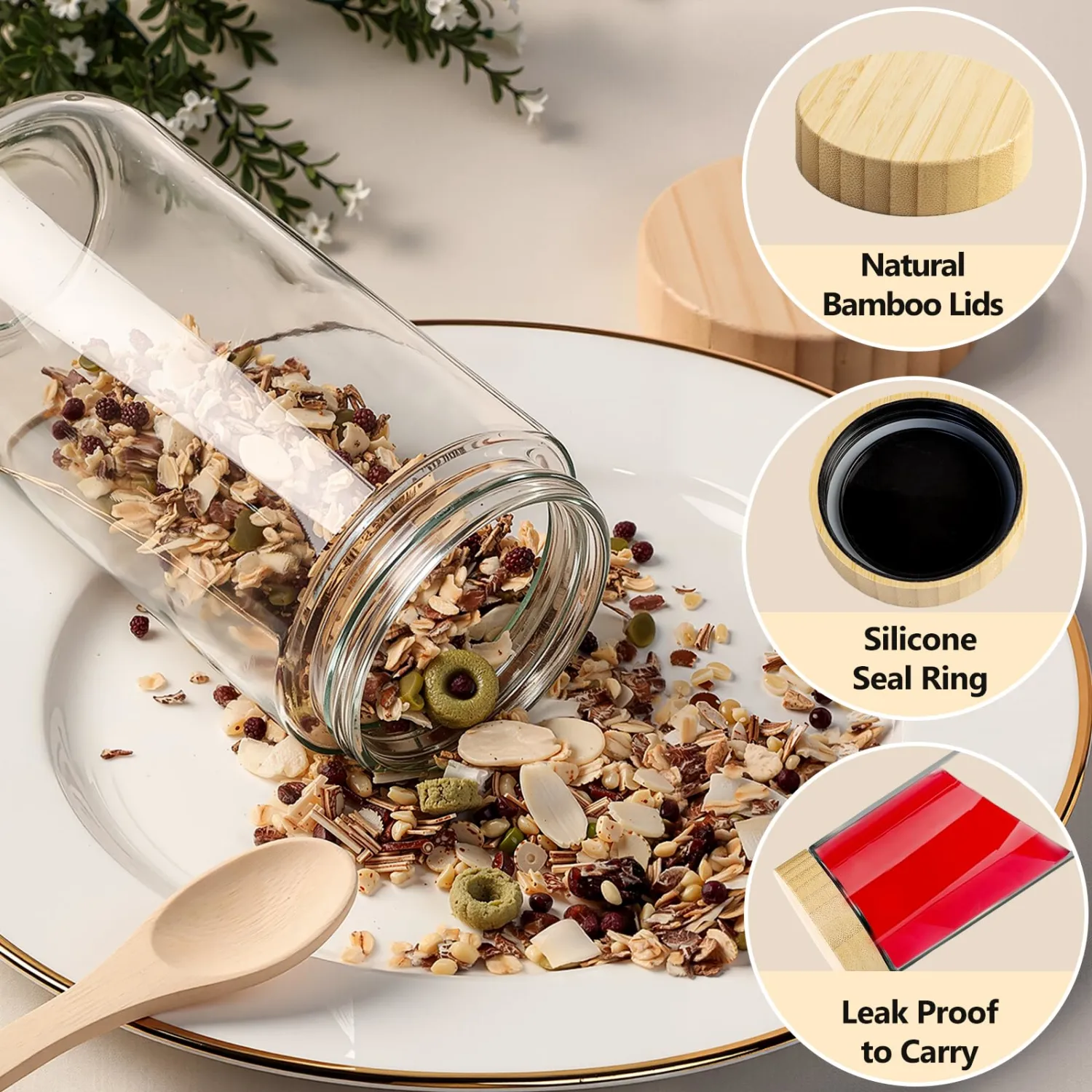24oz Glass Jars with Bamboo Lids, Spoons, Airtight Overnight Oats Containers, Wide Mouth Mason Jars for Snack Storage For Food, Yogurt, Salad, Sugar and Flour, Coffee Bean, Cookie, Cereal