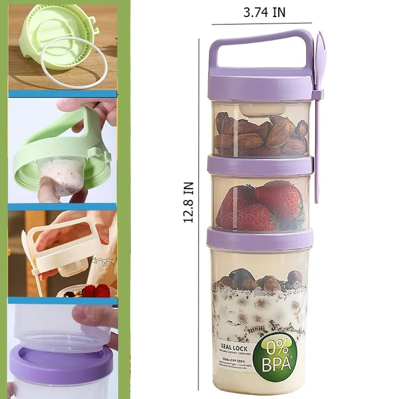 Overnight Oats Containers, Breakfast On The Go Cups Salad Jars with Meal Prep, Pudding Jars with Dry and Wet Separation, Yogurt Parfait Cups for Oatmeal Cereal Nut Fruit