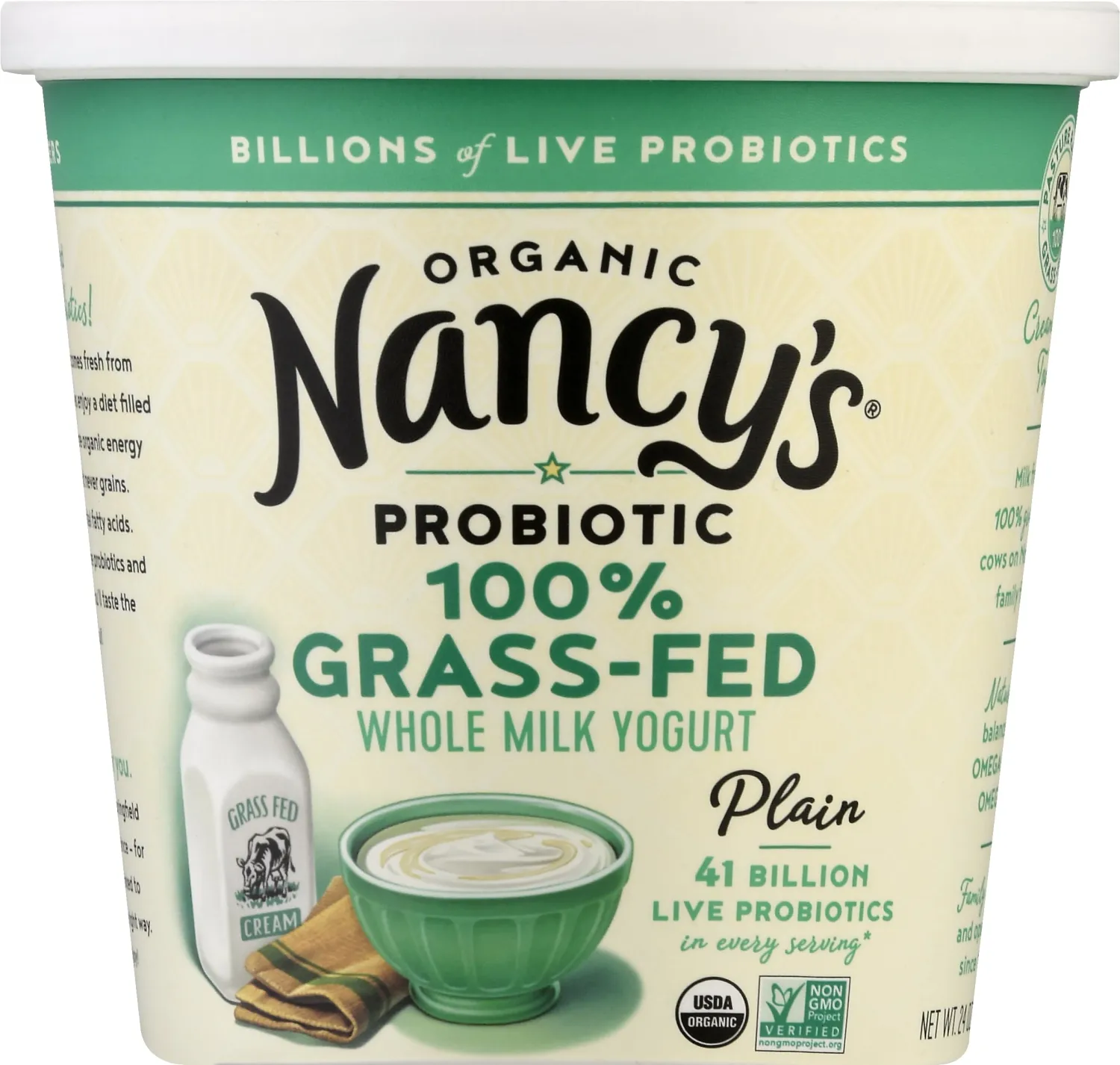 Nancys Yogurt, Organic Plain Grass Fed Whole Milk Yogurt, 24 Ounce