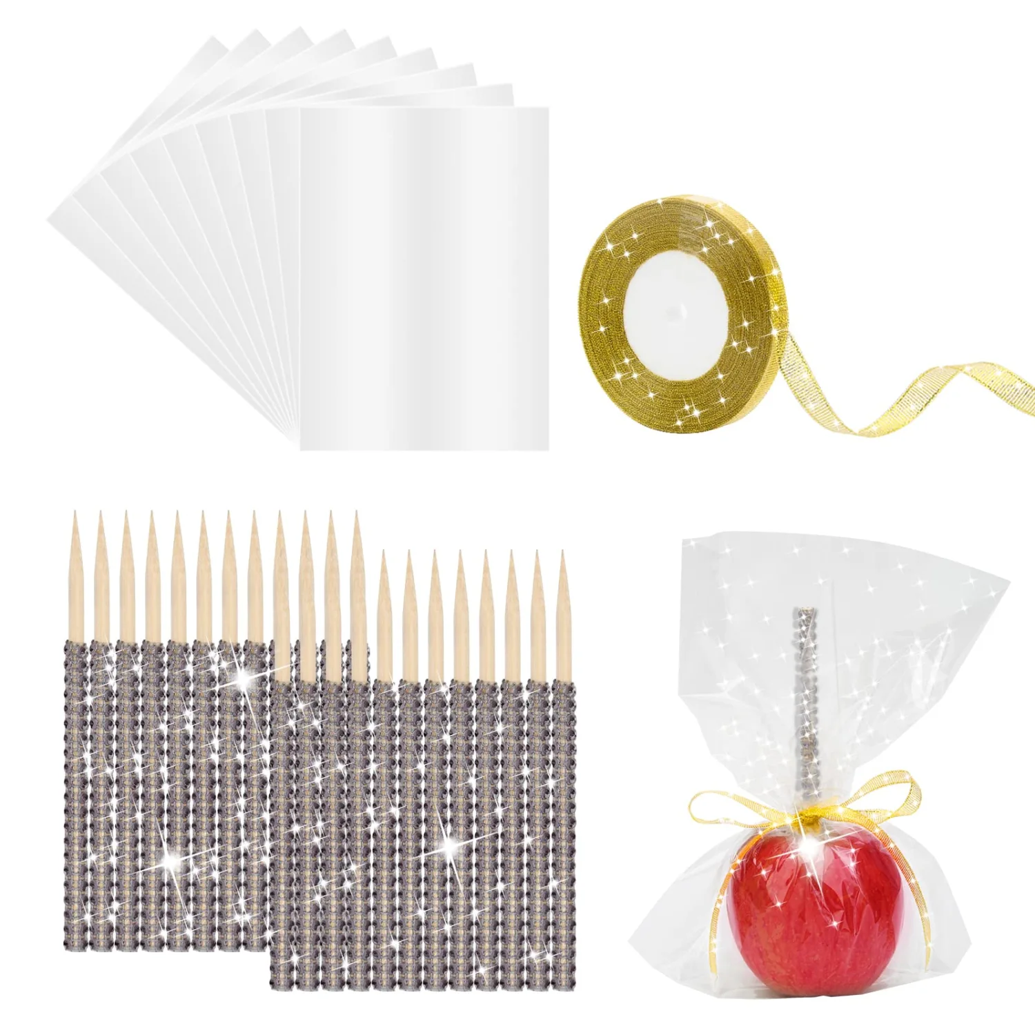 Bling Candy Apple Sticks, 30P Candy Bags and 24P Sticks & 1 Roll 25yd Glitter Ribbon, Caramel Apple Wooden Bling Pointed Skewers Christmas Decoration Supplies