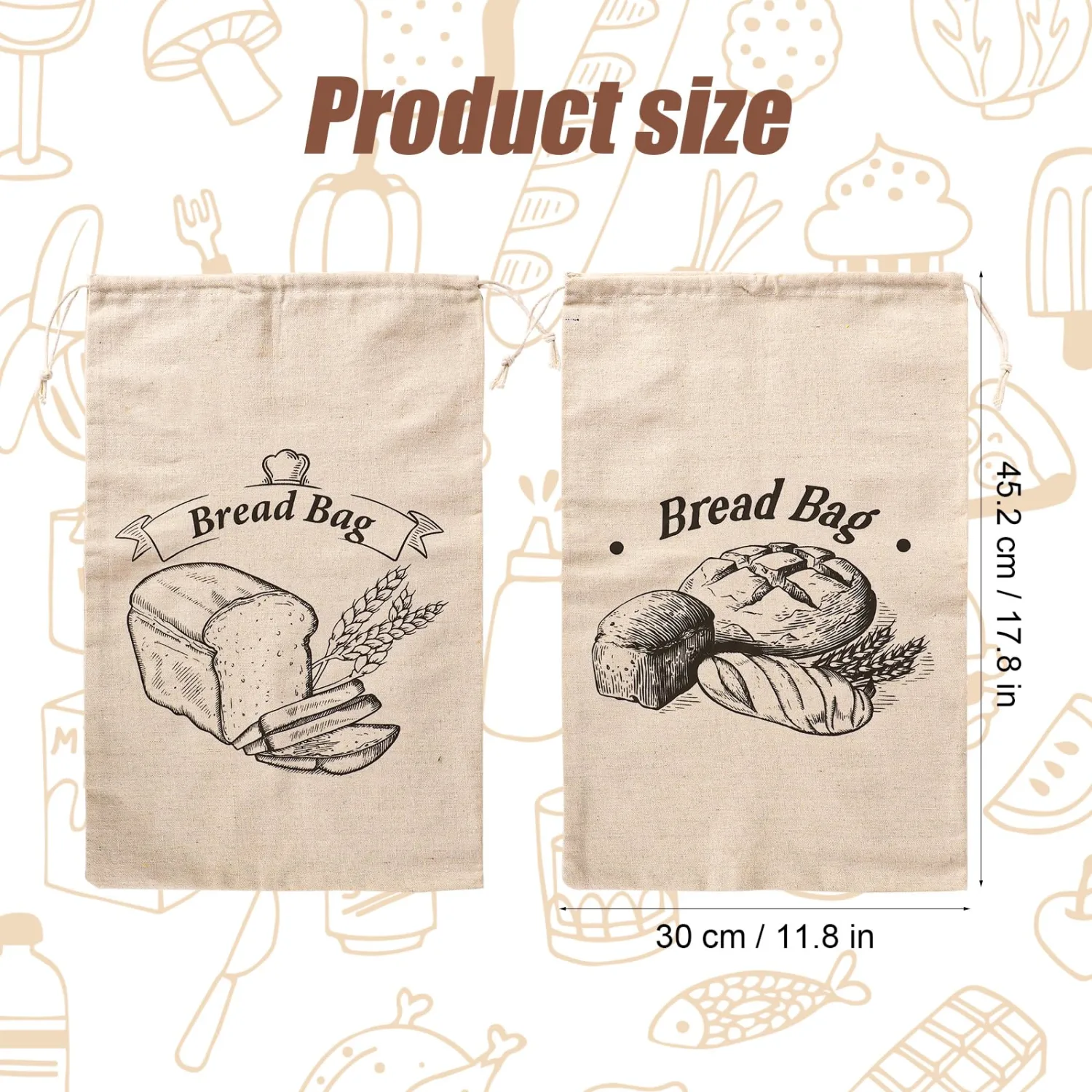 2pcs Unbleached Bread Bags, 17.8x11.8 Inch Reusable Bread Container Washable Loaf Bags Loaf Storage for Homemade Bagels Toast Croissant (Khaki)