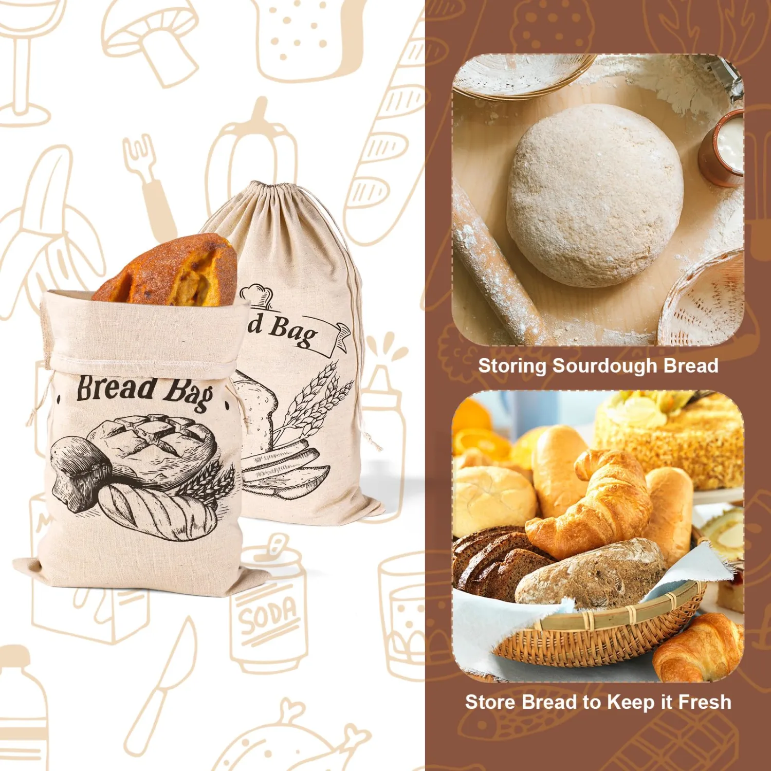 2pcs Unbleached Bread Bags, 17.8x11.8 Inch Reusable Bread Container Washable Loaf Bags Loaf Storage for Homemade Bagels Toast Croissant (Khaki)