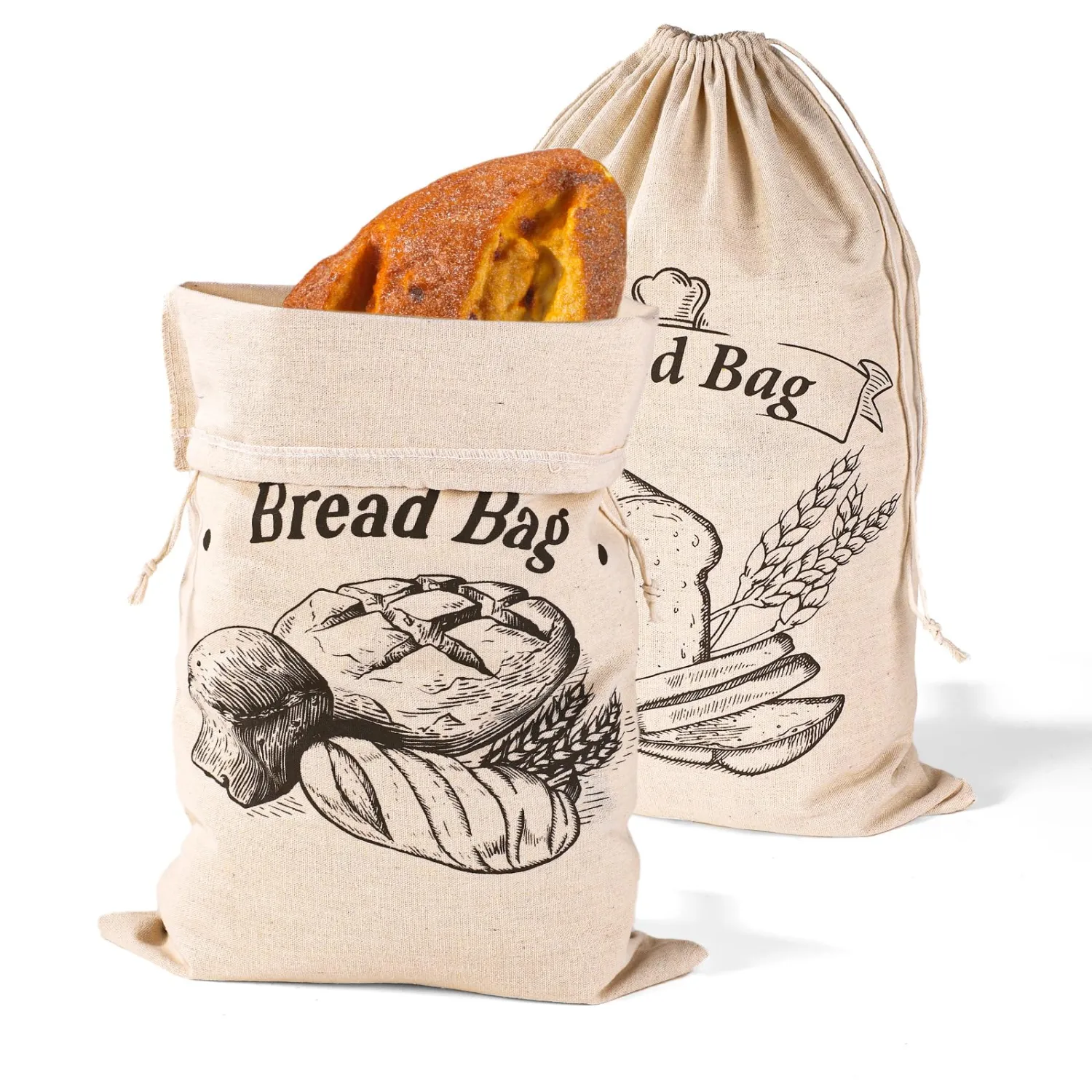 2pcs Unbleached Bread Bags, 17.8x11.8 Inch Reusable Bread Container Washable Loaf Bags Loaf Storage for Homemade Bagels Toast Croissant (Khaki)