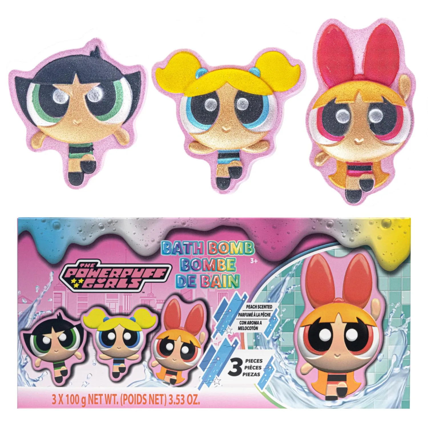 The Powerpuff Girls Bath Bombs for Kids, Fun Bright Rainbow Colors, Peach Scented for Kids, Ages 3+, by Townley Girl