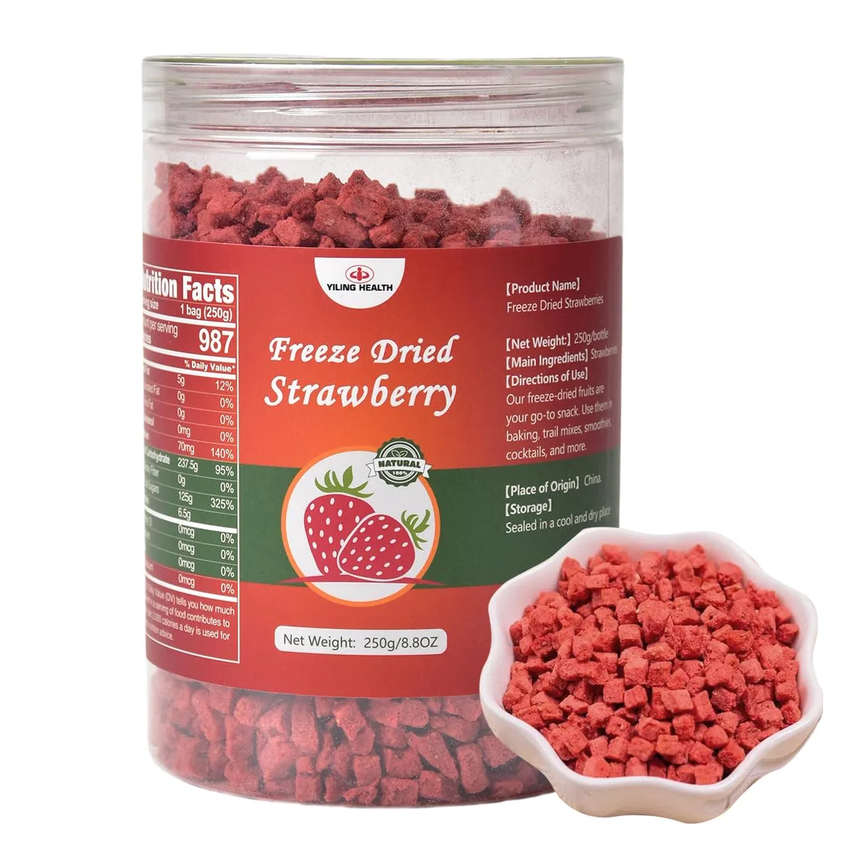 Premium Freeze Dried Strawberries Pieces 8.81 Oz/250g, Crispy Diced Strawberries Dried, 100% Natural & No Additives, No Sugar (bottle-8.8 oz)
