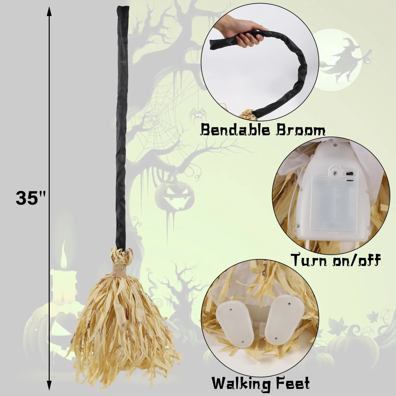 DR.DUDU Witches Broom Halloween Decor - 35" Animated Light up Moving Broomstick with Spooky Sounds, Dancing Magic Witch Broom for Indoor & Outdoor Porch Halloween Party Decorations