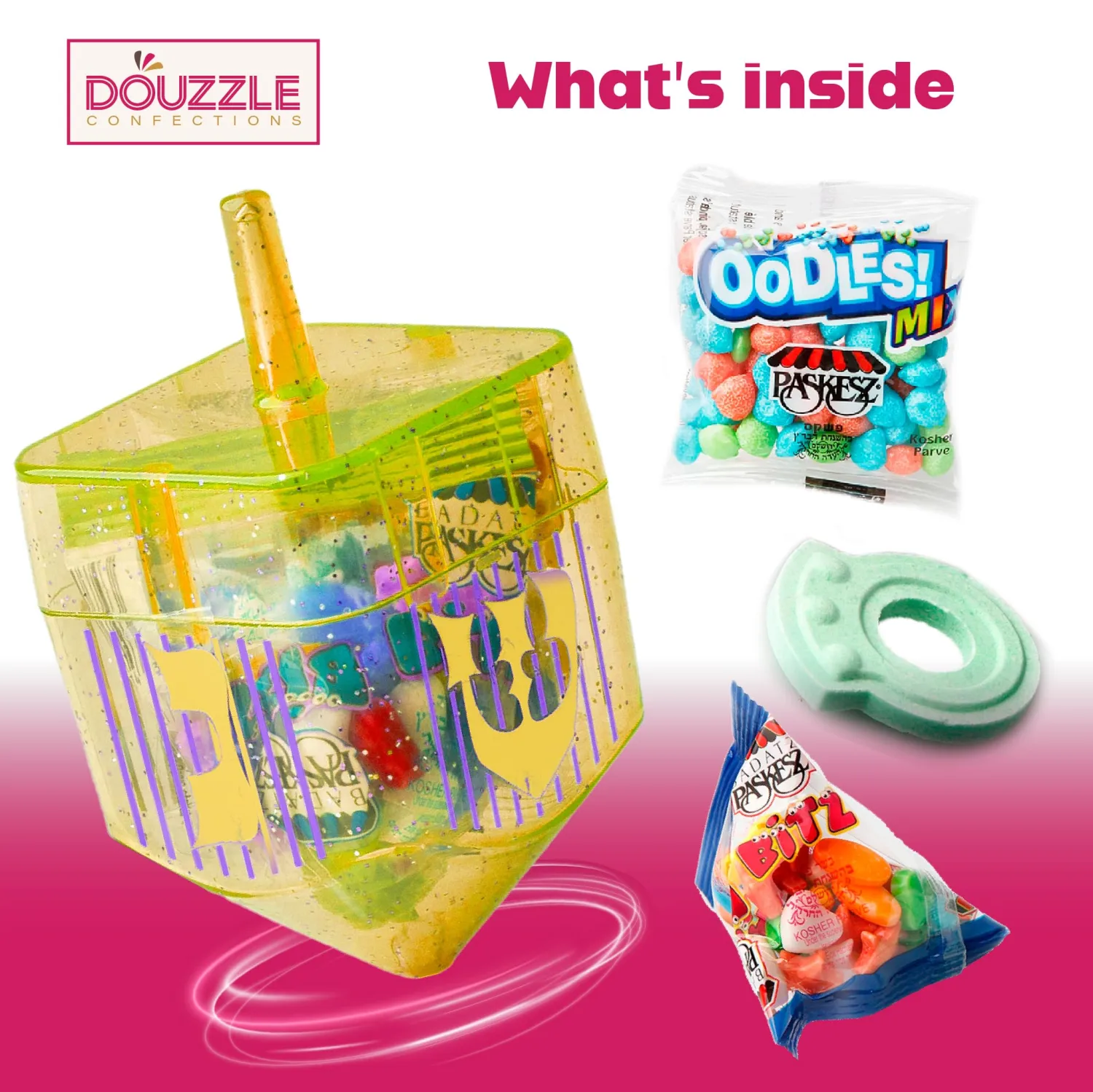 DOUzzle Hanukkah Candy Dreidels for Kids, Driedel Filled with Treats (Pack of 3) Hanukah Party Favors, Happy Chanuka Sweet Treat & Gifts - Kosher Parve