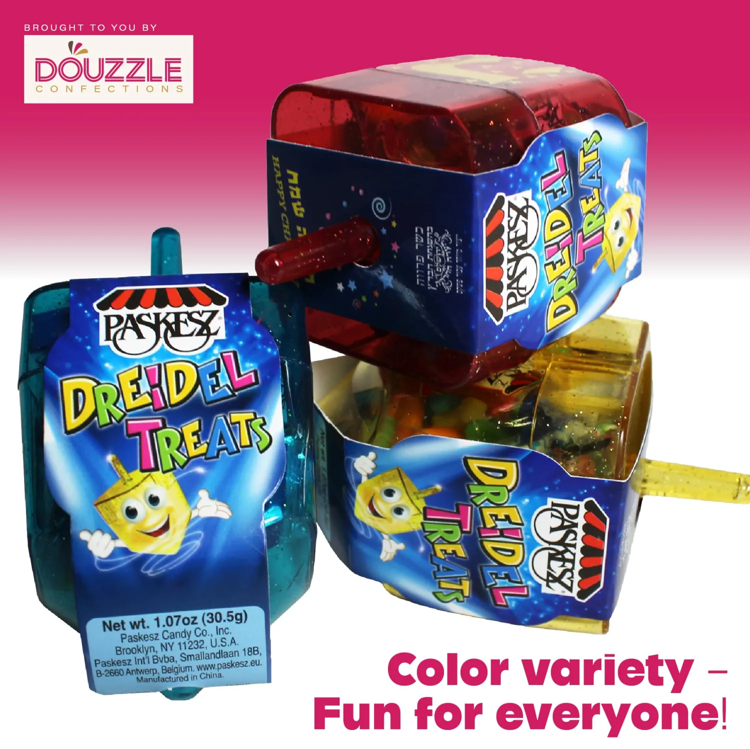 DOUzzle Hanukkah Candy Dreidels for Kids, Driedel Filled with Treats (Pack of 3) Hanukah Party Favors, Happy Chanuka Sweet Treat & Gifts - Kosher Parve