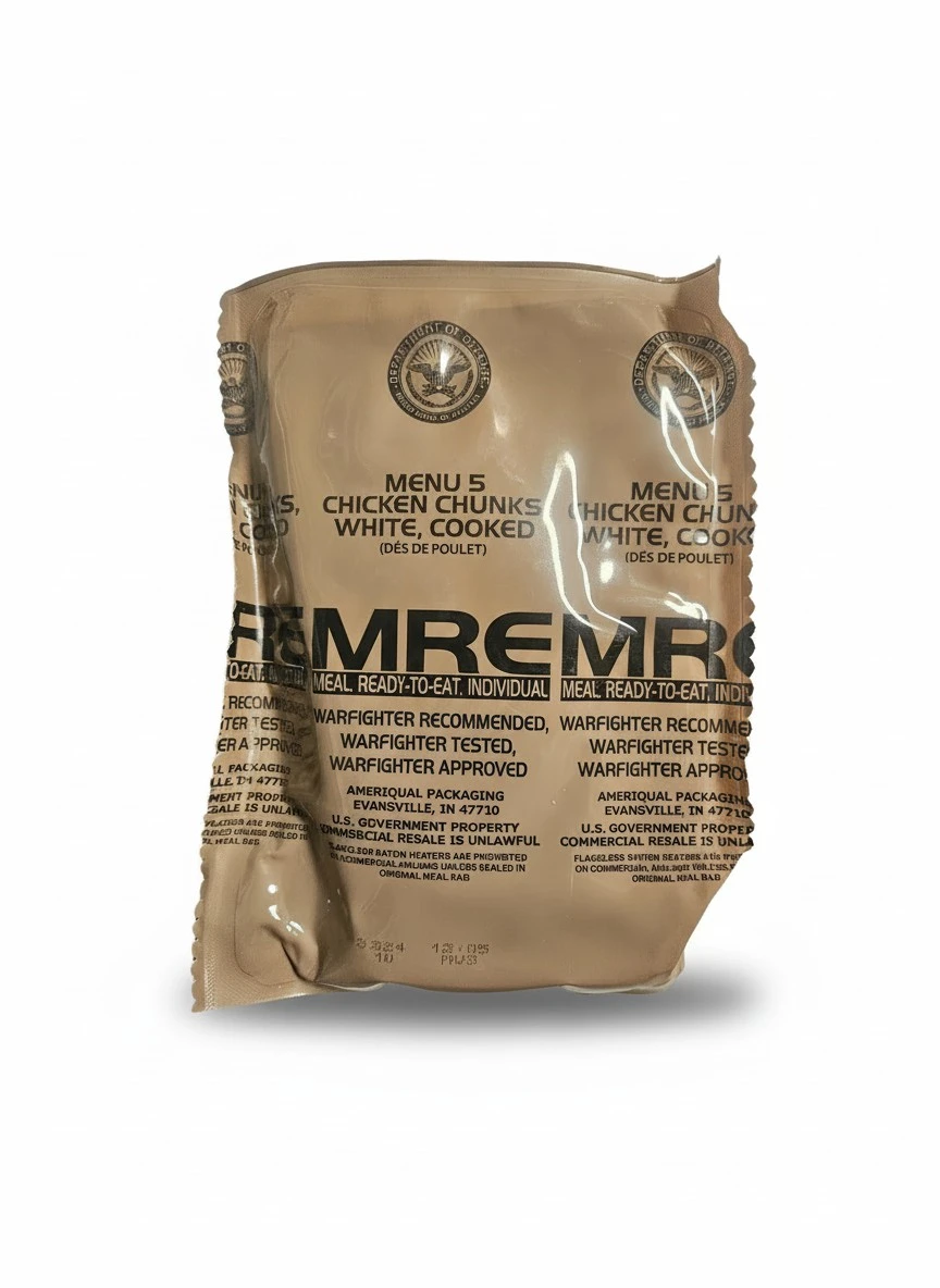 Genuine USGI MRE [Meal, Ready to Eat] Inspection Date 01/2026 or Newer [New Packaging] - You Choose Menu Ration with Entree, Snacks, Dessert, Drink Mix, Utensils, Condiments and FRH. (Chicken Chunks)