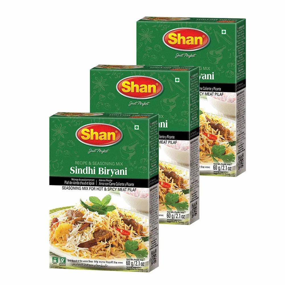 Shan Sindhi Biryani Recipe & Seasoning Mix (60g) - Spice Packets for Hot & Spicy Meat Pilaf - Indian Rice Seasoning with Turmeric, Garlic & Chili Powder – Perfect for Vegetarian (Pack of 3)