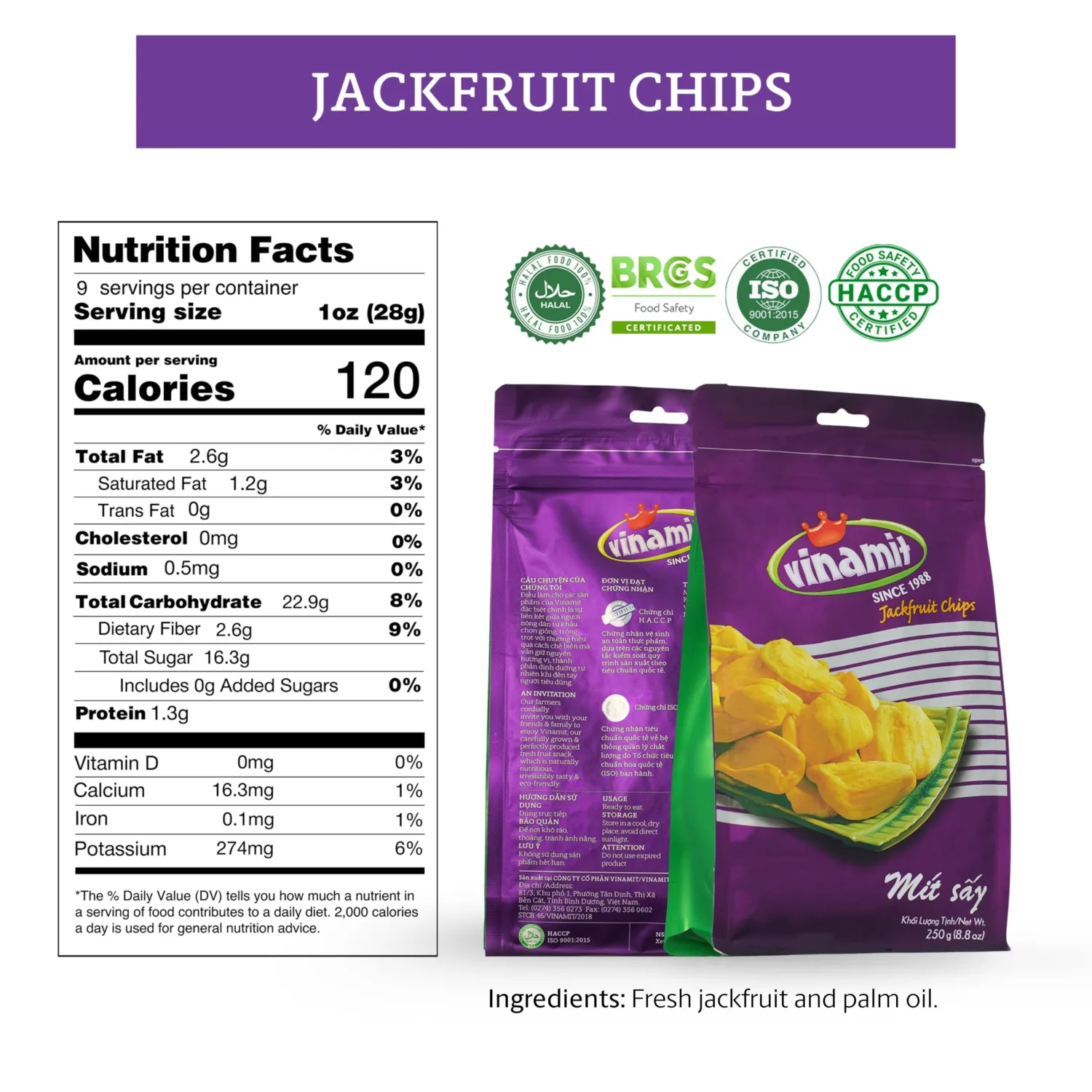 Vinamit Dried Jackfruit Chips | Vacuum Fried Dried Jackfruit | 8.8 oz Bag | Naturally Sweet & Crispy | Gluten-Free, Vegan, Non GMO | High Fiber Snack | Perfect for Gifting, Travel, Clean Eating