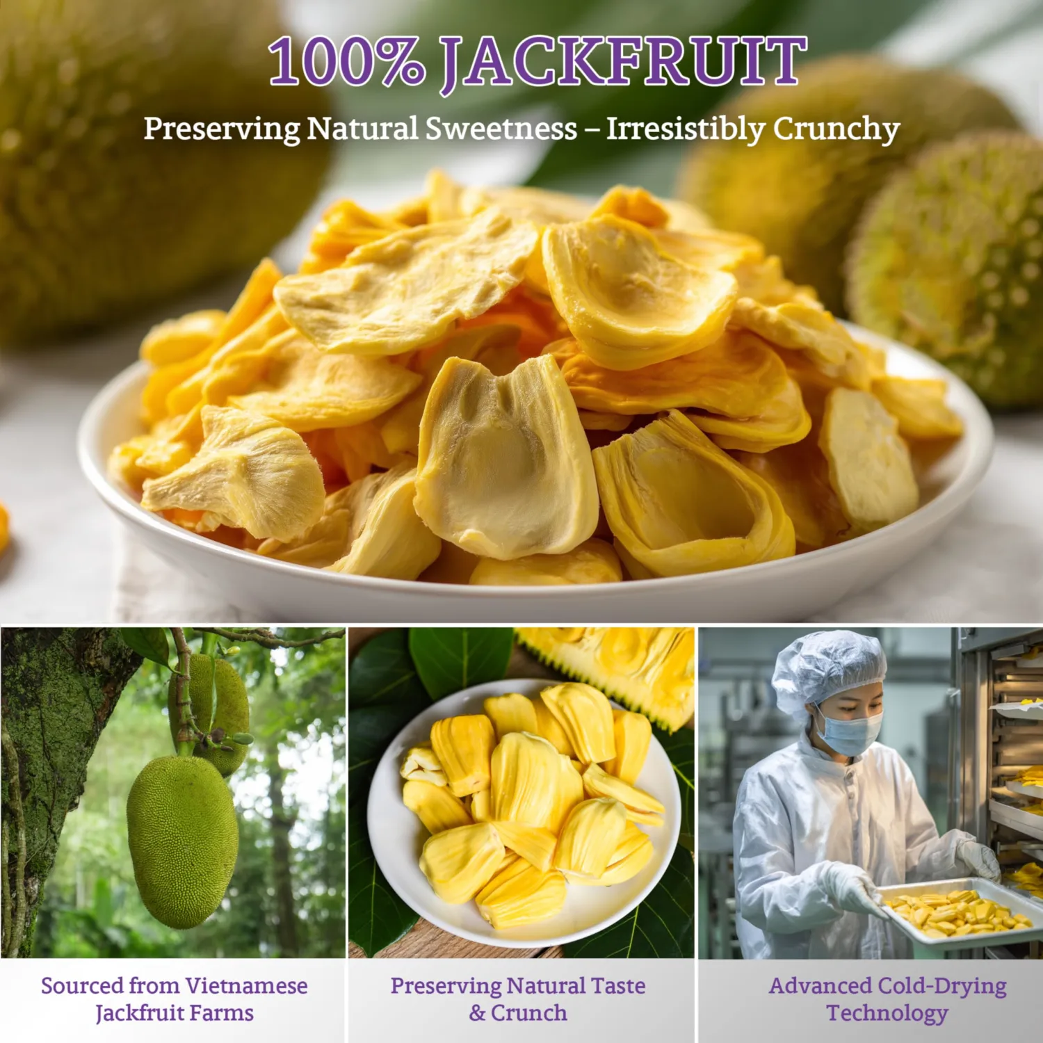 Vinamit Dried Jackfruit Chips | Vacuum Fried Dried Jackfruit | Pack 3 of 3,5 oz Bag | Naturally Sweet & Crispy | Gluten-Free, Vegan, Non GMO | High Fiber Snack | Perfect for Gifting, Travel, Clean Eating