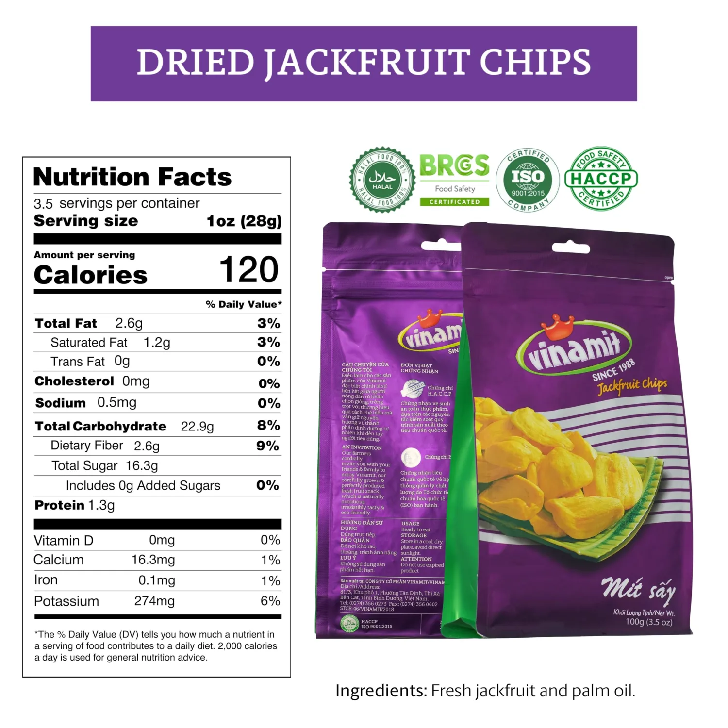 Vinamit Dried Jackfruit Chips | Vacuum Fried Dried Jackfruit | Pack 3 of 3,5 oz Bag | Naturally Sweet & Crispy | Gluten-Free, Vegan, Non GMO | High Fiber Snack | Perfect for Gifting, Travel, Clean Eating