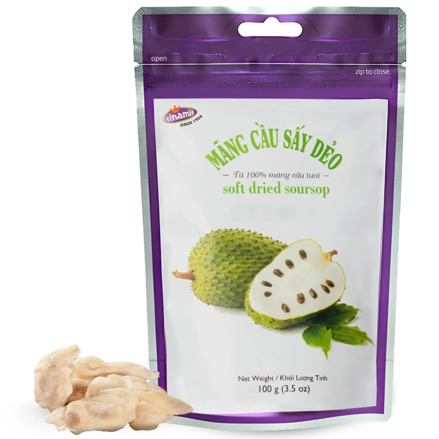 Vinamit Soft Dried Soursop | Soursop Fruit 3.5 oz bag | Natural Tropical Fruit Snack | Vegan, Gluten-Free, Non-GMO | High in Fiber, Ideal for Travel & Clean Eating
