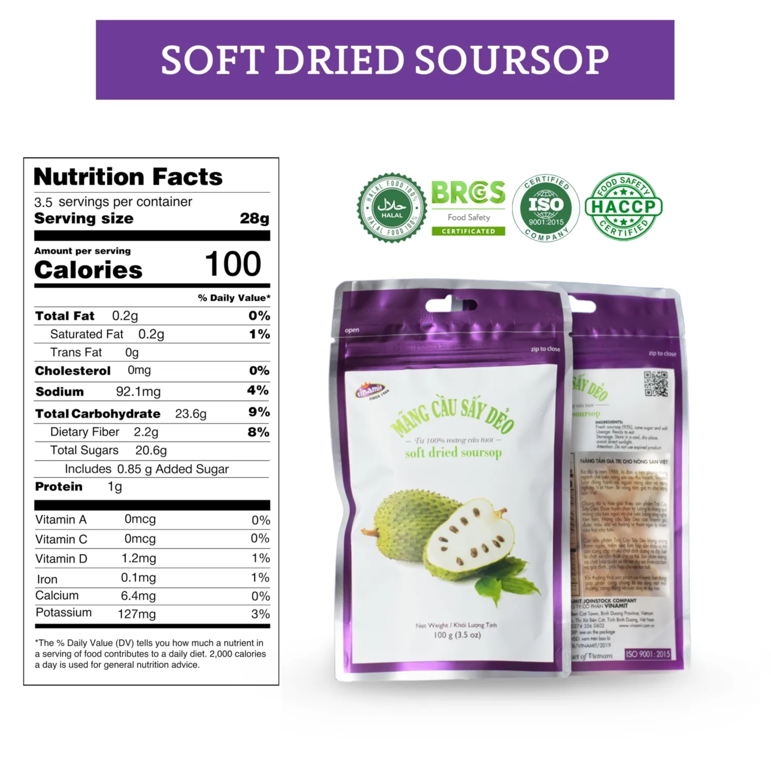 Vinamit Soft Dried Soursop | Soursop Fruit 3.5 oz bag | Natural Tropical Fruit Snack | Vegan, Gluten-Free, Non-GMO | High in Fiber, Ideal for Travel & Clean Eating
