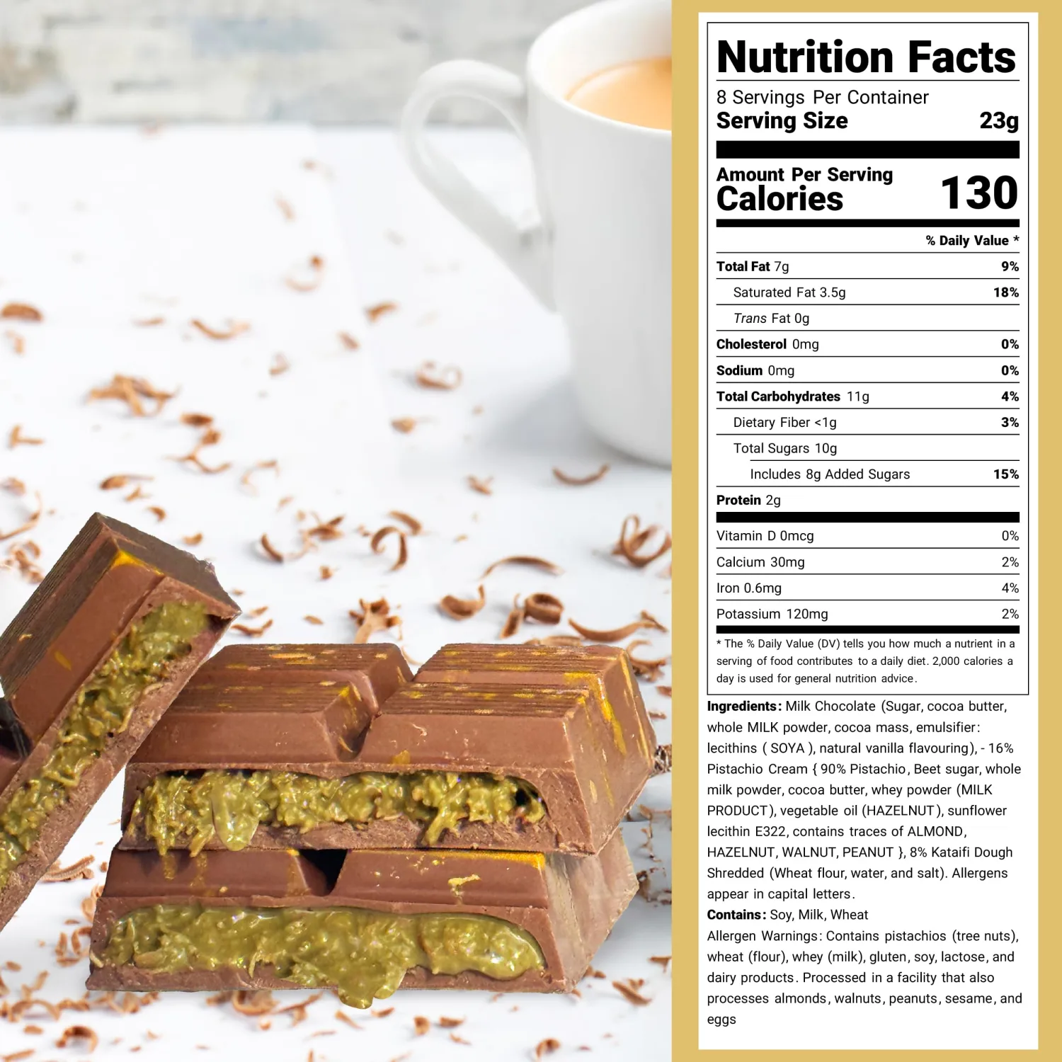 Dubai Chocolate Pistachio Bar 6.5oz, Dubai Kunafa Pistachio Chocolate Bar,Luxurious Homemade Kunafa