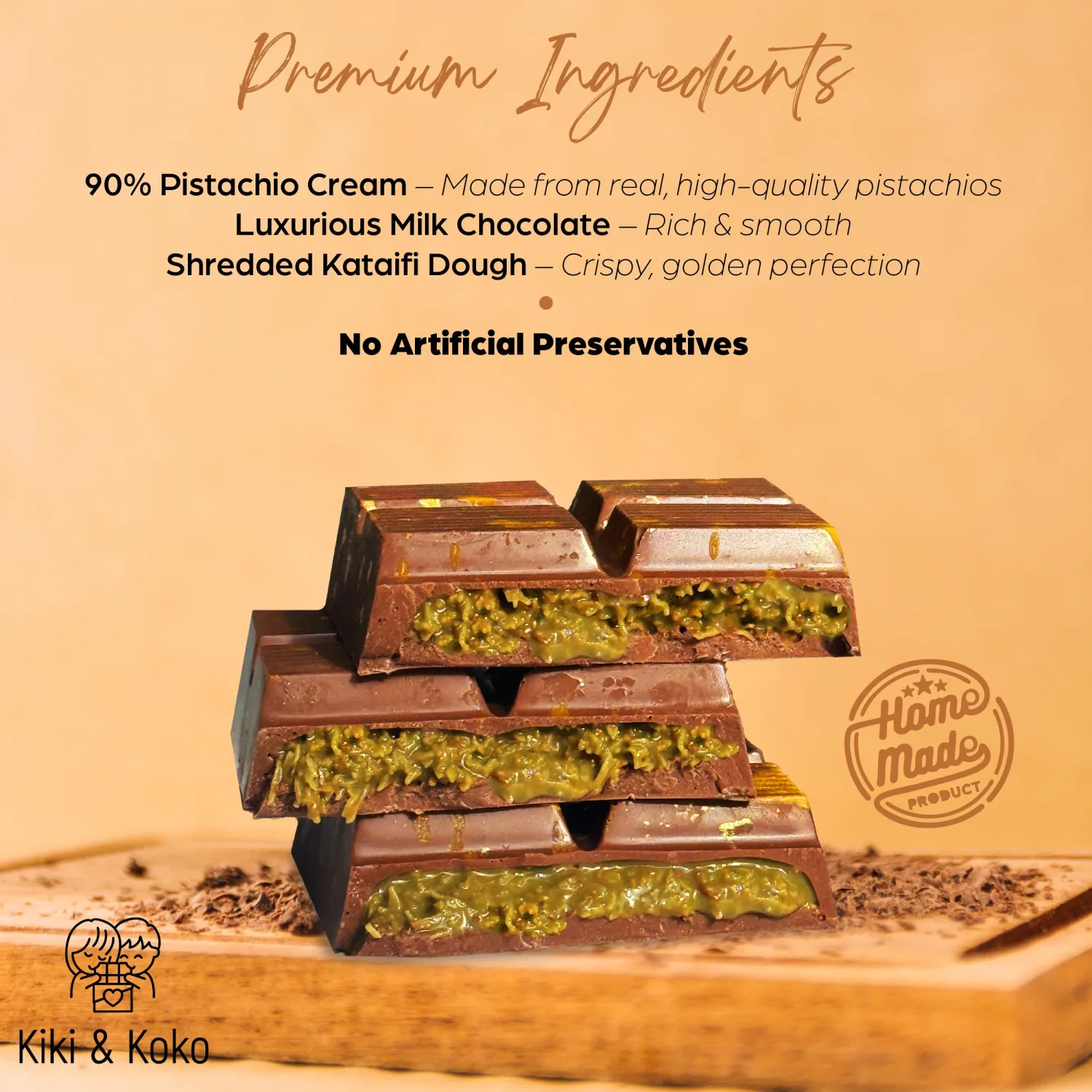 Dubai Chocolate Pistachio Bar 6.5oz, Dubai Kunafa Pistachio Chocolate Bar,Luxurious Homemade Kunafa