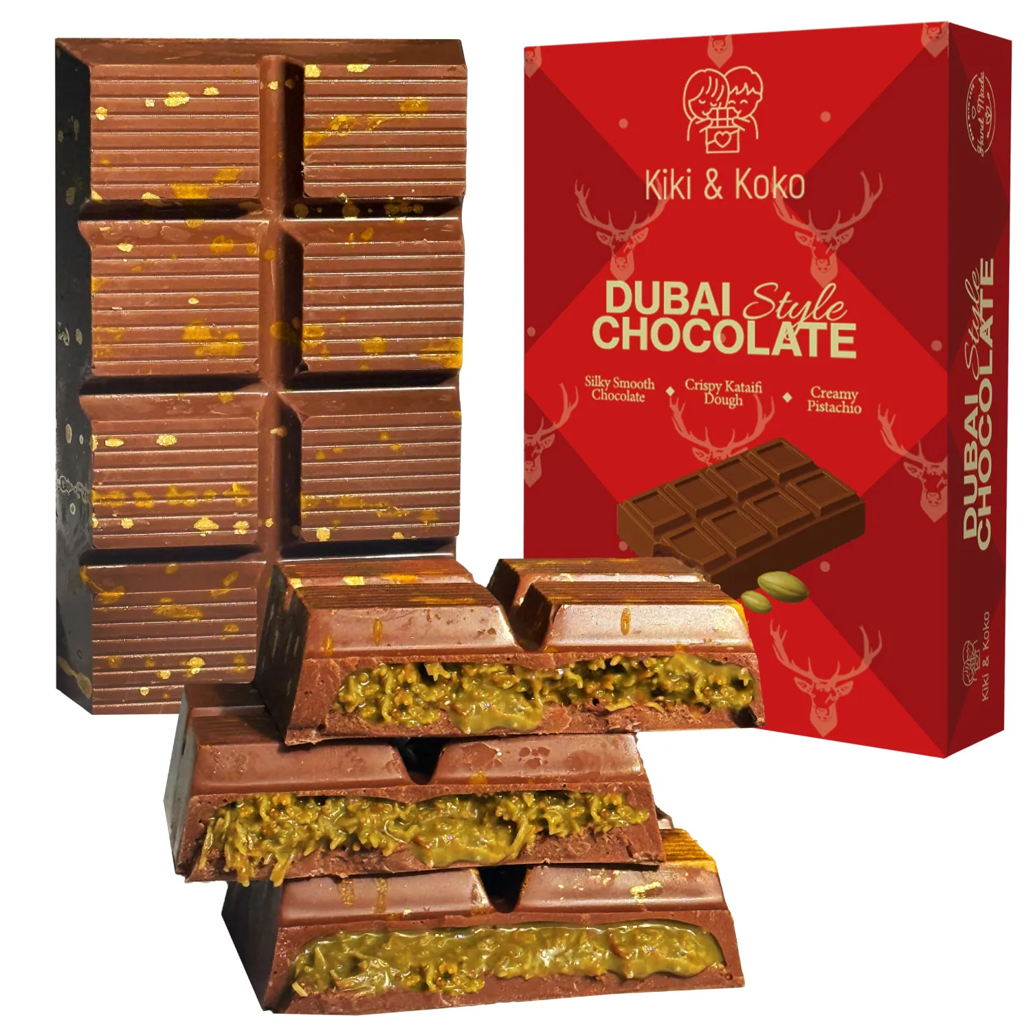 Dubai Chocolate Pistachio Bar 6.5oz, Dubai Kunafa Pistachio Chocolate Bar,Luxurious Homemade Kunafa