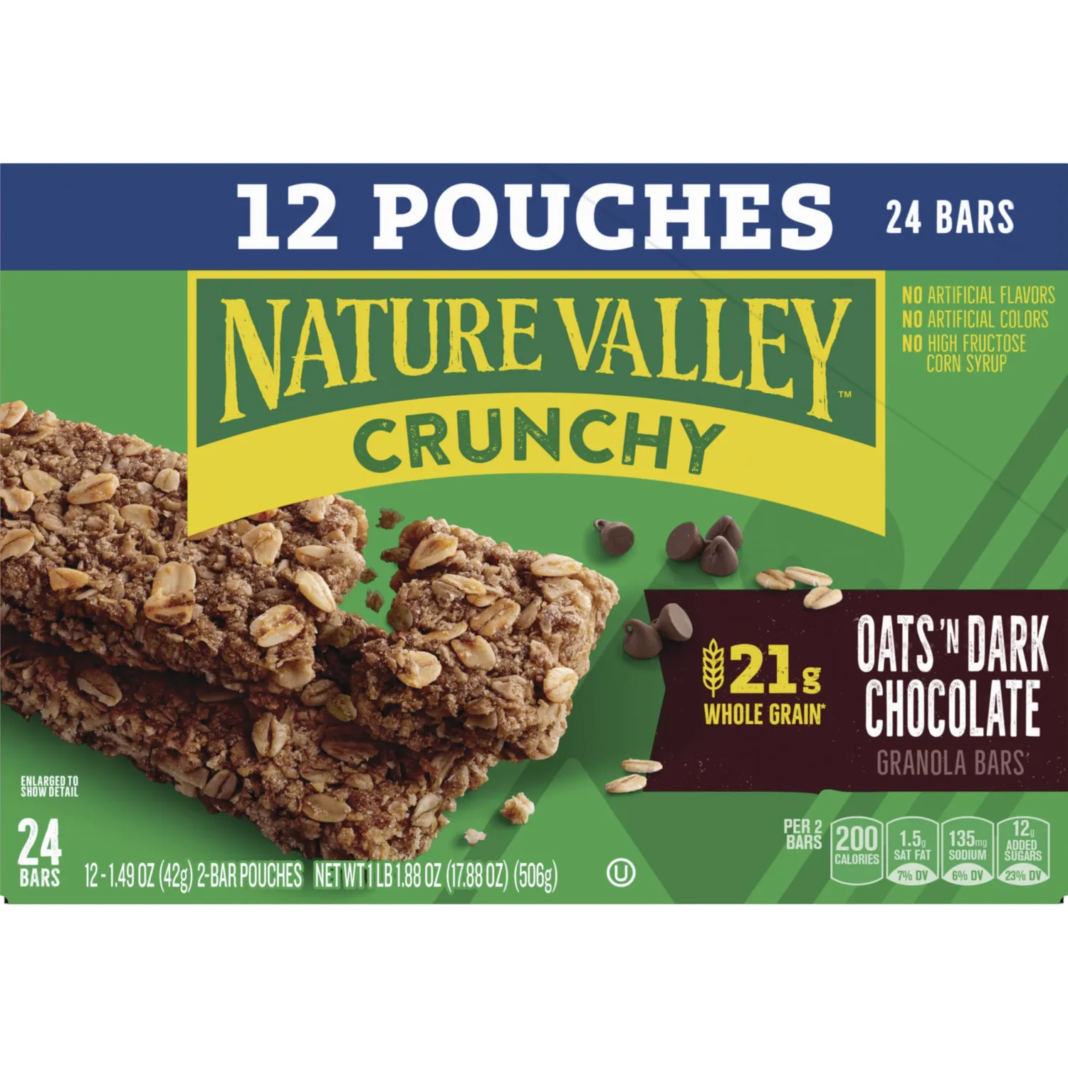 Nature Valley Crunchy Granola Bars, Oats 'n Dark Chocolate, 24 Bars, 17.88 OZ (12 Pouches)