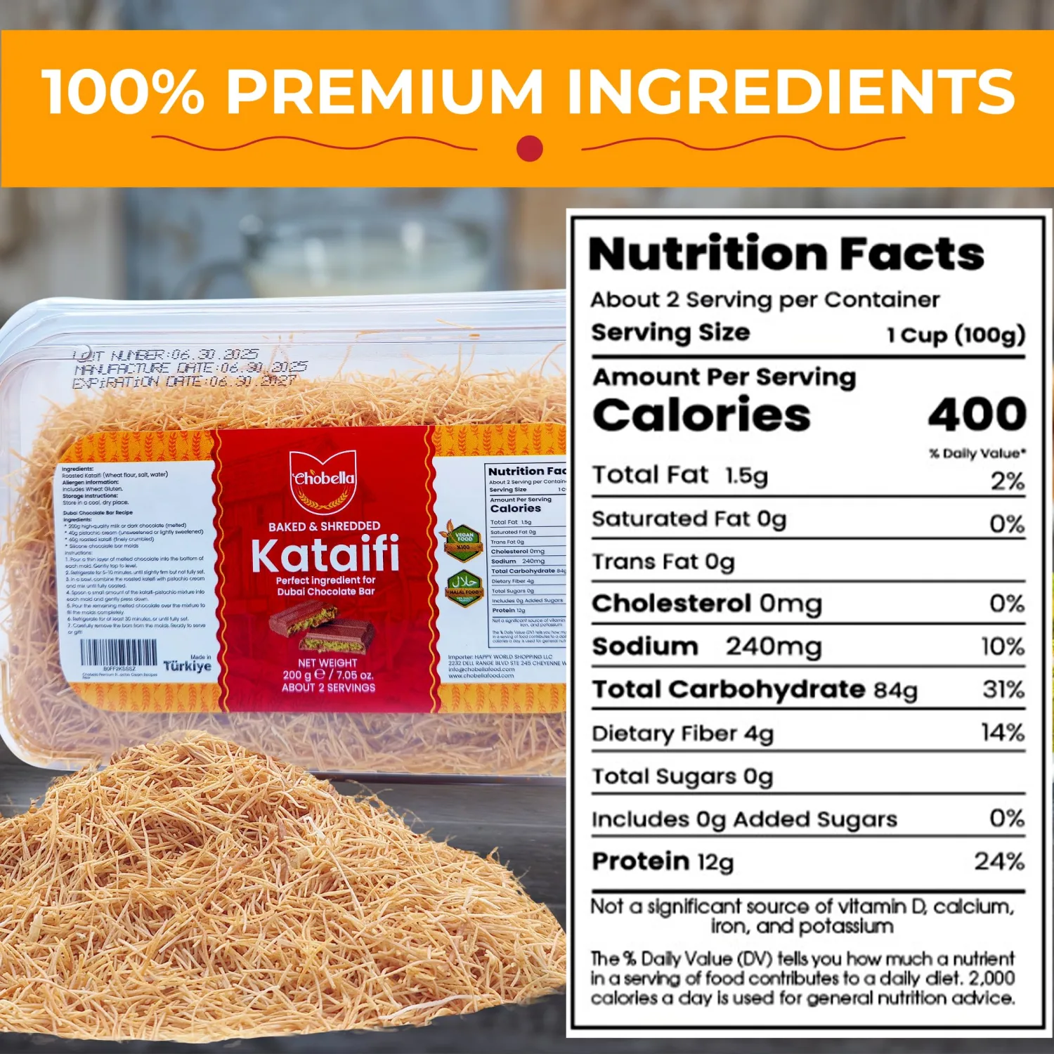 Chobella Premium Roasted Kataifi Pastry for Dubai Pistachio Chocolate Bar, 7 oz (200g), Toasted Kataifi Shredded Fillo Dough, Kadayif, Katafi, Katifi, Kunafa, Knafeh, Pistachio Cream Recipes