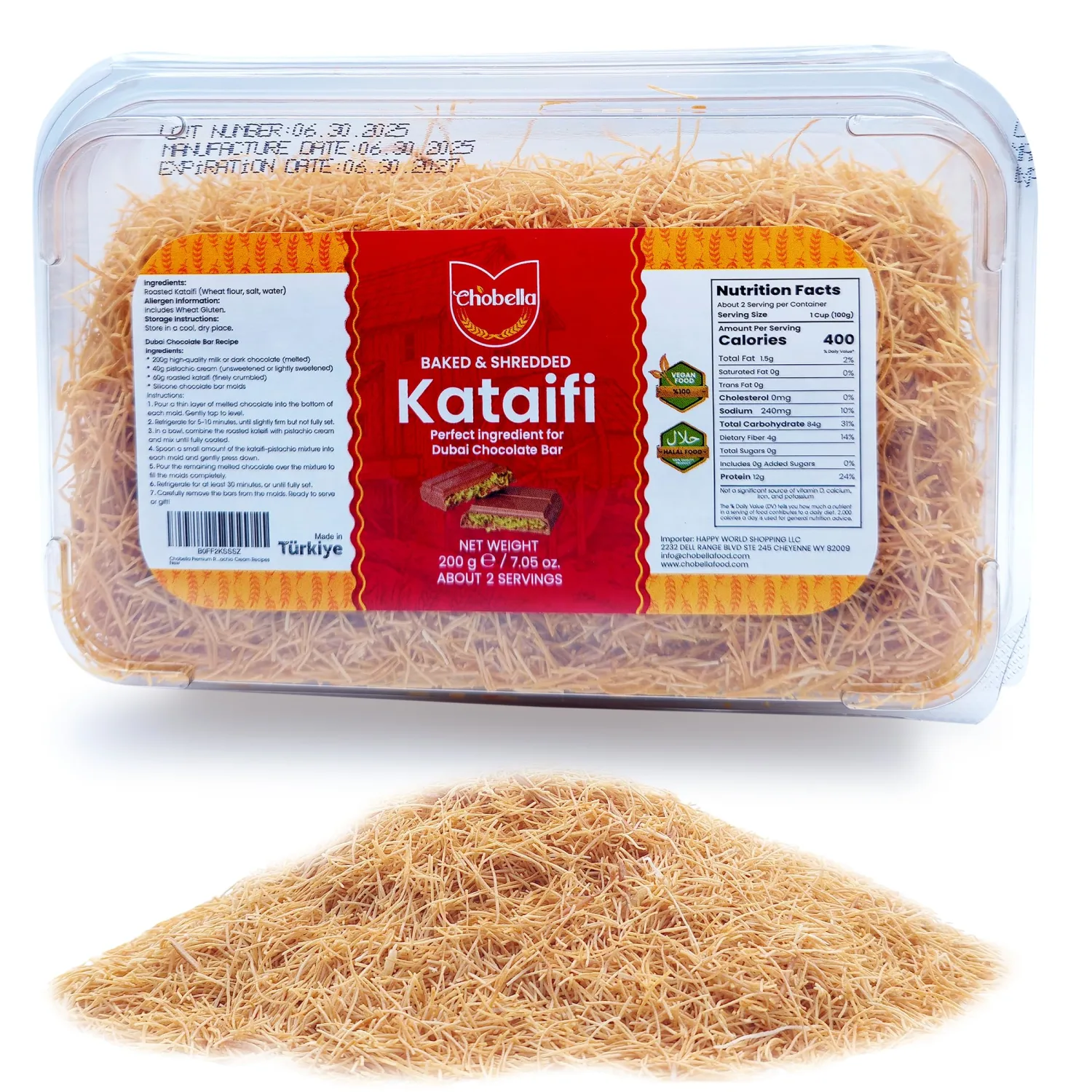Chobella Premium Roasted Kataifi Pastry for Dubai Pistachio Chocolate Bar, 7 oz (200g), Toasted Kataifi Shredded Fillo Dough, Kadayif, Katafi, Katifi, Kunafa, Knafeh, Pistachio Cream Recipes