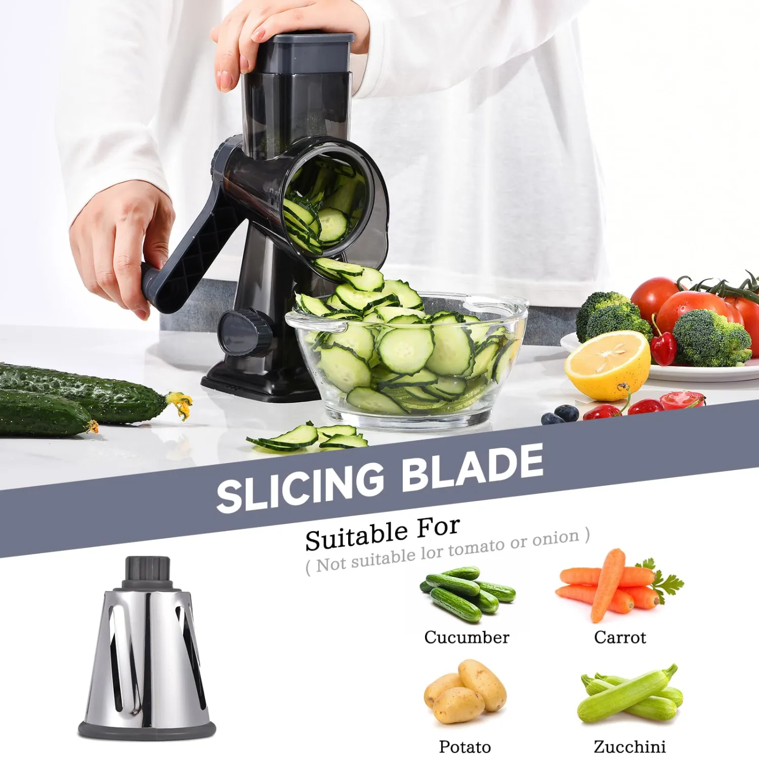 Rotary Cheese Grater with Handle Kitchen Shredder Slicer Grater Slicer Ice Shaver Cheese Vegetable Nuts Potato Zucchini Chocolate 8 Interchangeable Blades
