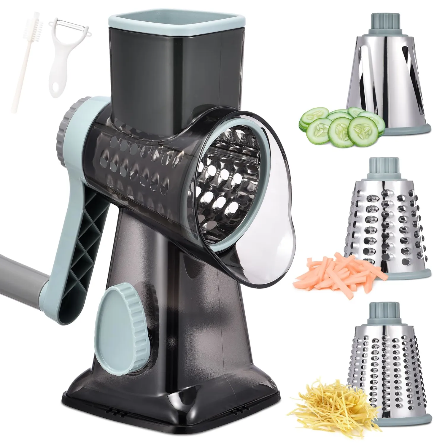 Rotary Cheese Grater with Handle Kitchen Shredder Slicer Grater Slicer Ice Shaver Cheese Vegetable Nuts Potato Zucchini Chocolate 8 Interchangeable Blades
