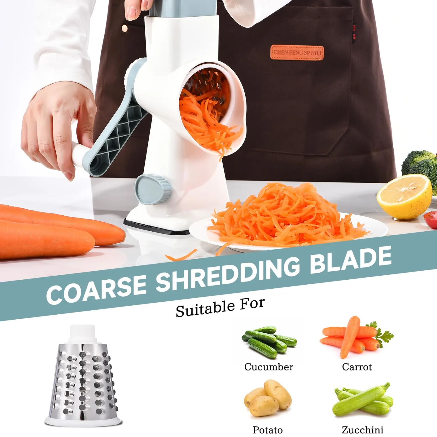 Rotary Cheese Grater with Handle Kitchen Shredder Slicer Grater Slicer Ice Shaver Cheese Vegetable Nuts Potato Zucchini Chocolate 8 Interchangeable Blades