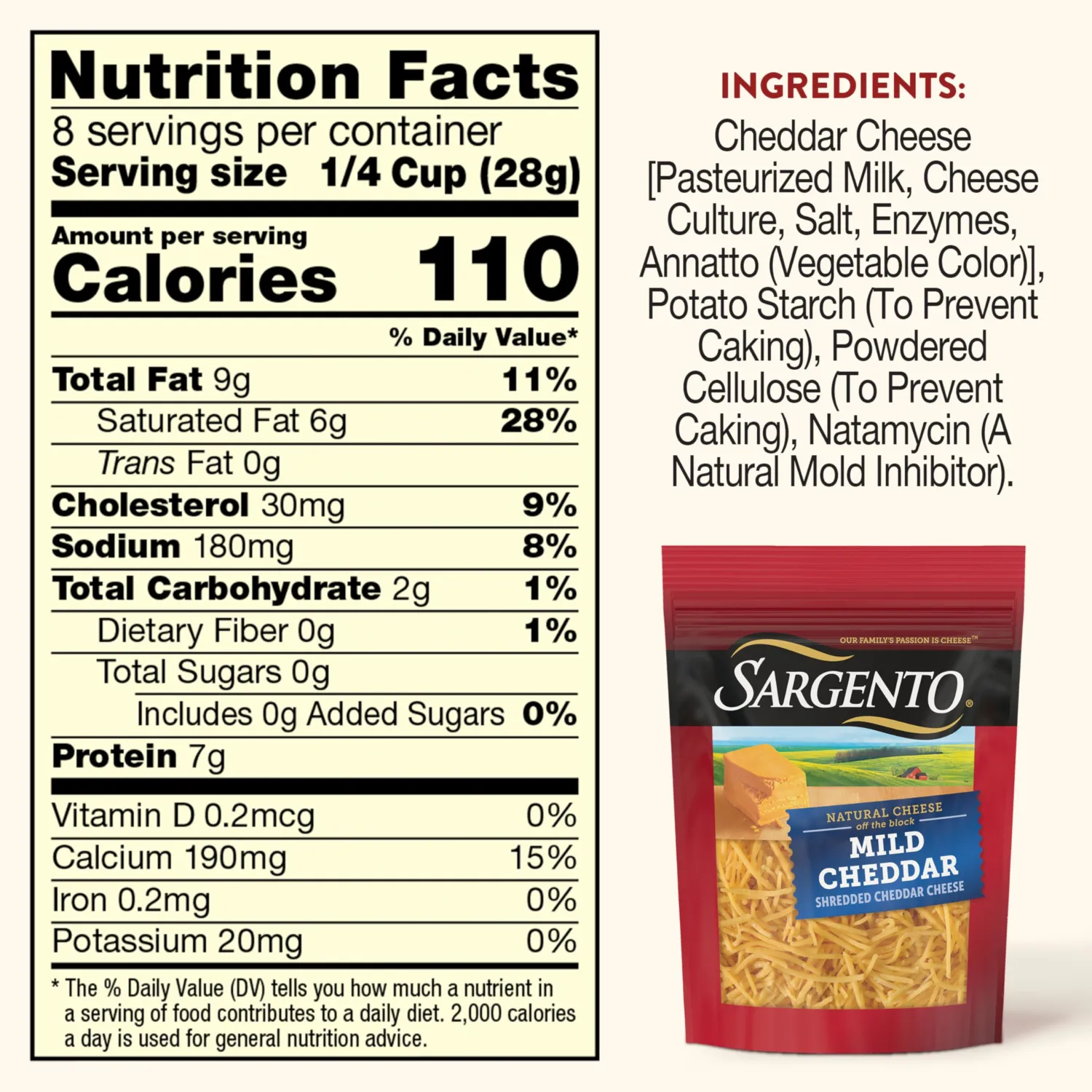 Sargento Natural Mild Cheddar Shredded Cheese, Fine Cut, 8 oz