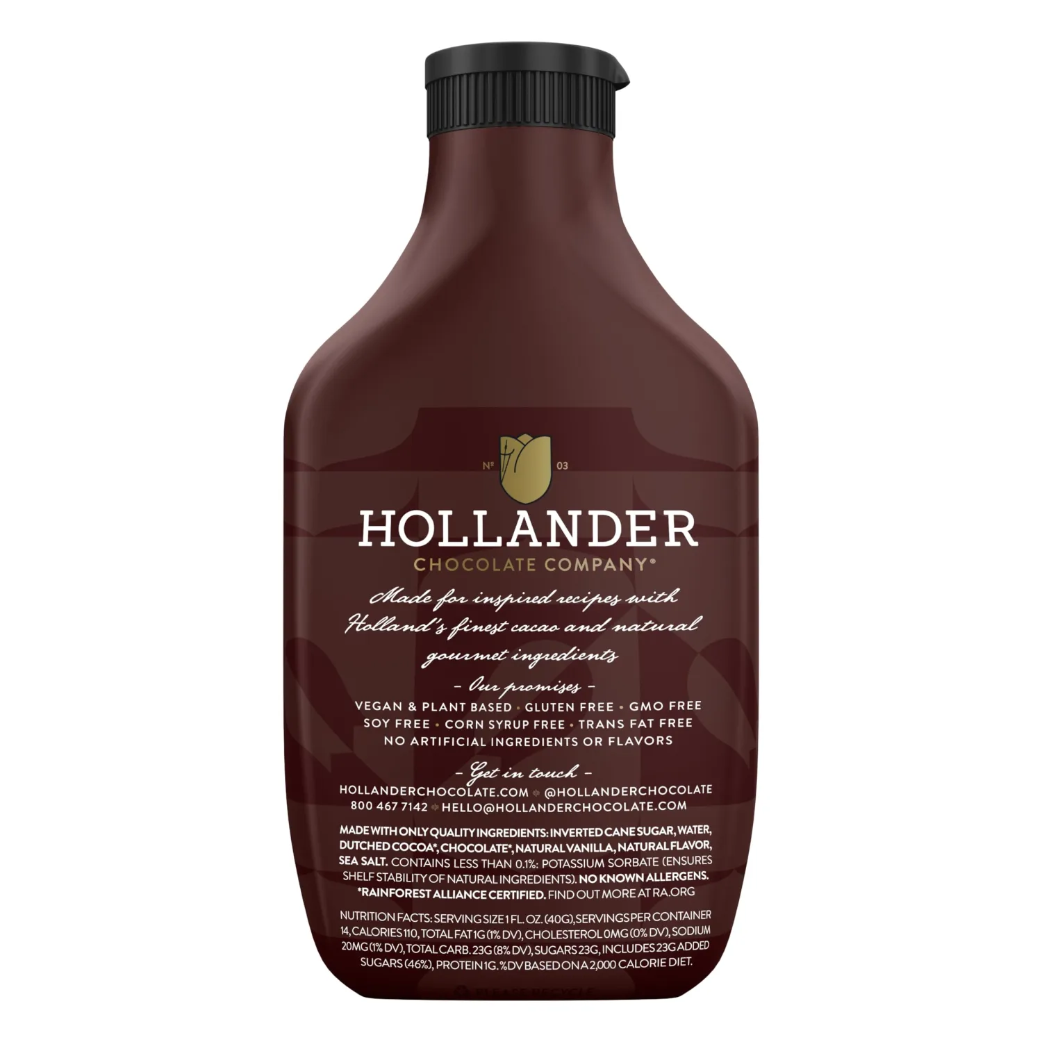 Hollander Dutched Chocolate Café Sauce™ | Vegan Friendly, GMO-Free, Gluten/Soy Free, Corn Syrup Free |15 fl. Oz. Squeeze Bottle