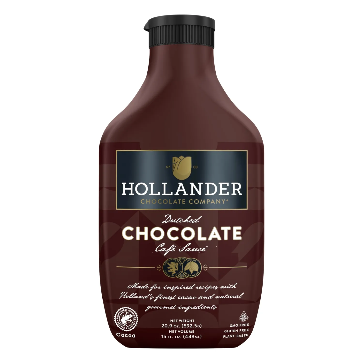 Hollander Dutched Chocolate Café Sauce™ | Vegan Friendly, GMO-Free, Gluten/Soy Free, Corn Syrup Free |15 fl. Oz. Squeeze Bottle