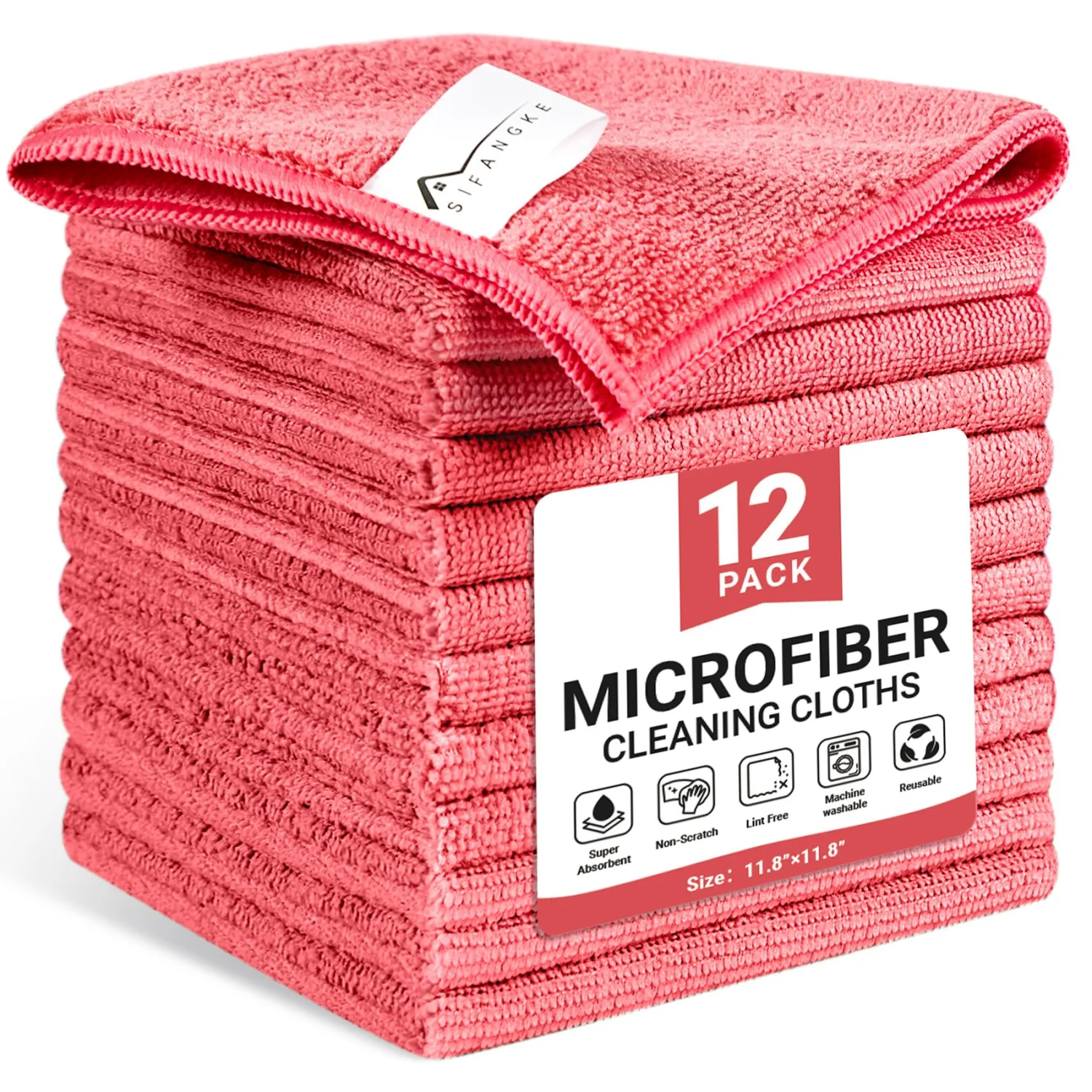 Microfiber Cleaning Cloth, 12 Pack Pink Cleaning Rags for Housekeeping, Reusable Microfiber Towels for Car, Kitchen, Bathroom and Household Cleaning Supplies, 11.8"X11.8"