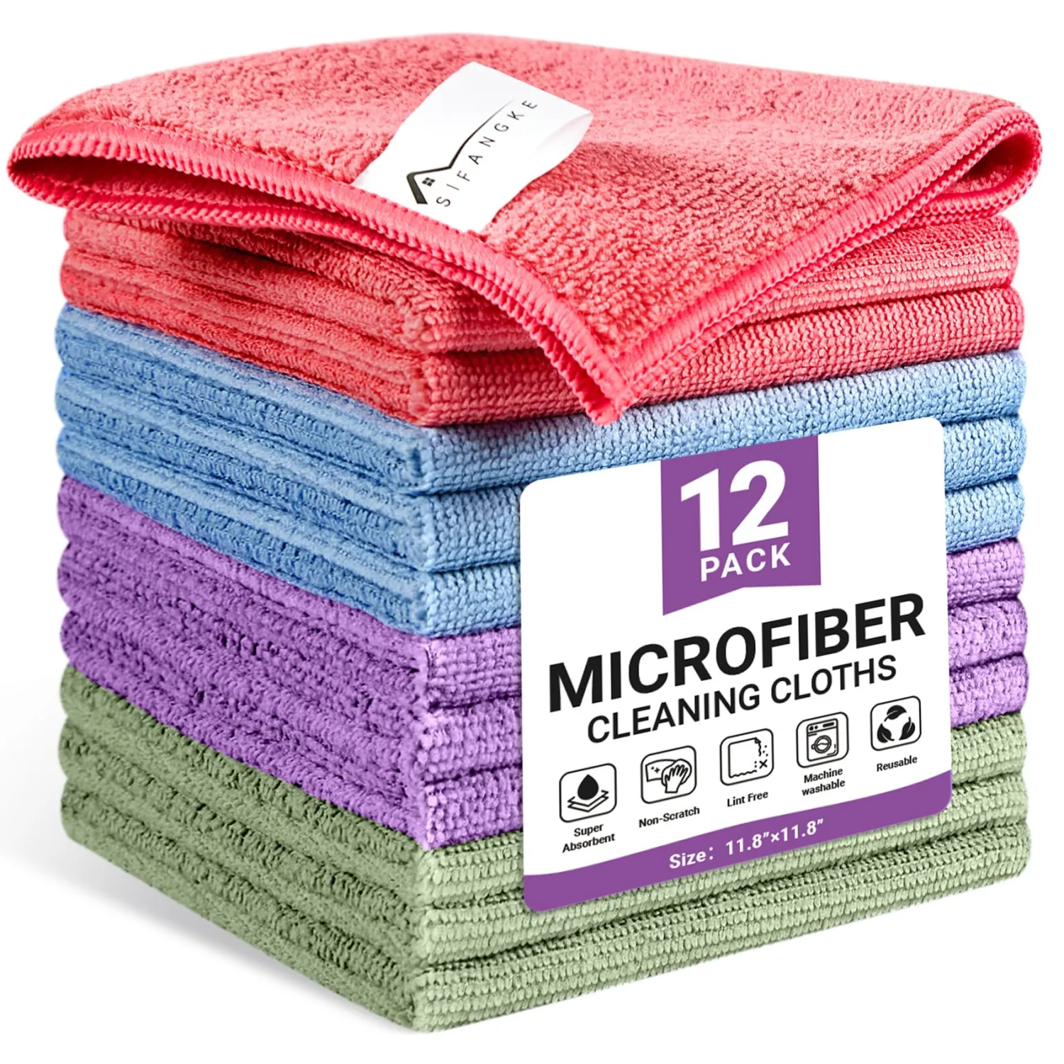 Microfiber Cleaning Cloth, 12 Pack Assorted Color Cleaning Rags for Housekeeping, Colorful Reusable Microfiber Towels for Car, Kitchen, Bathroom and Household Cleaning Supplies, 11.8"X11.8"