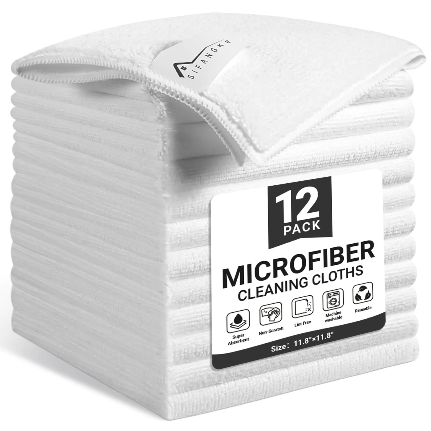 Microfiber Cleaning Cloth, 12 Pack Lint-Free and Highly Absorbent Rags, White Reusable Microfiber Towels for Car, Kitchen, Bathroom and Household Cleaning Supplies, 11.8"X11.8"
