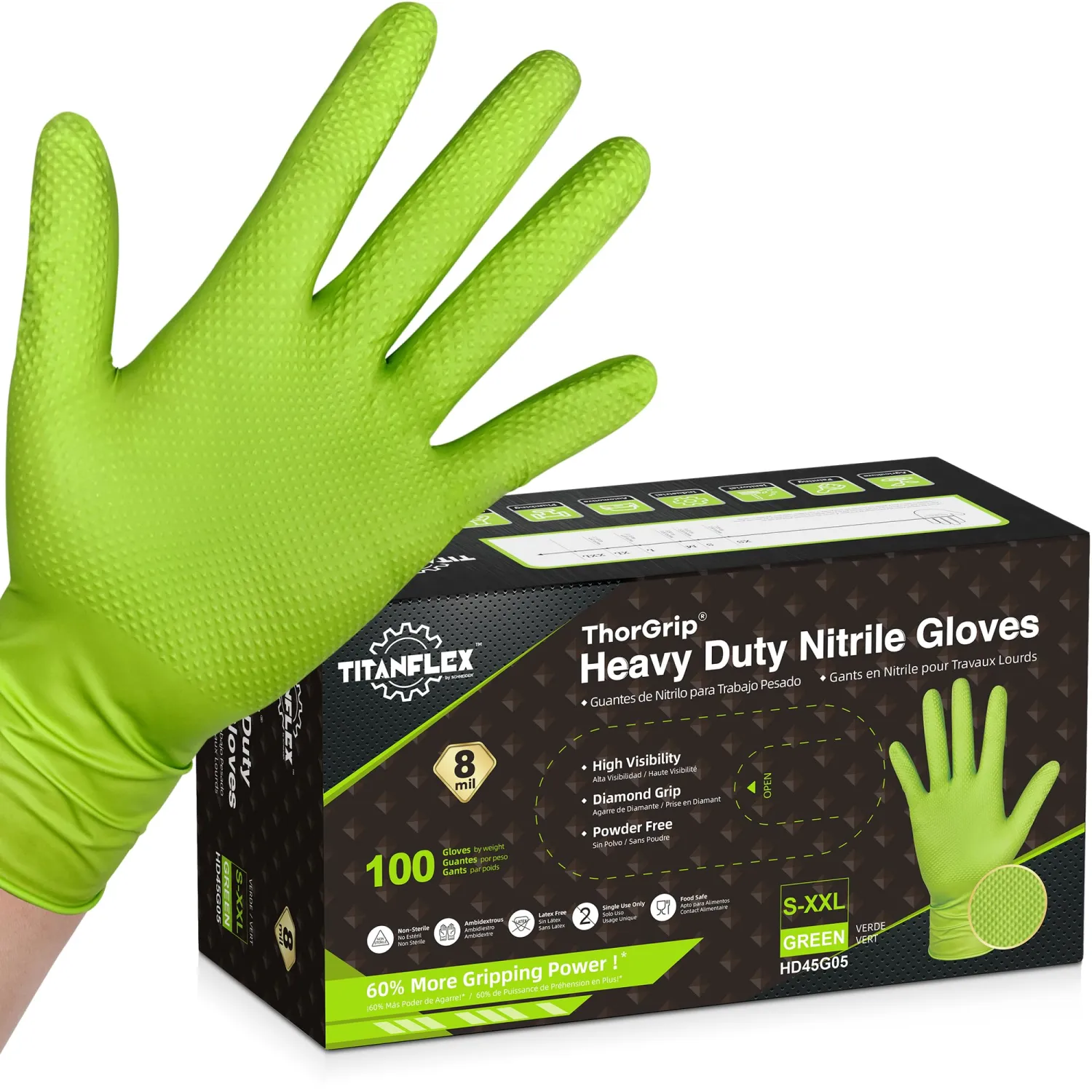 TitanFlex Heavy Duty Green Industrial Nitrile Gloves with Raised Diamond Texture, 8-mil, Latex Free, Powder Free