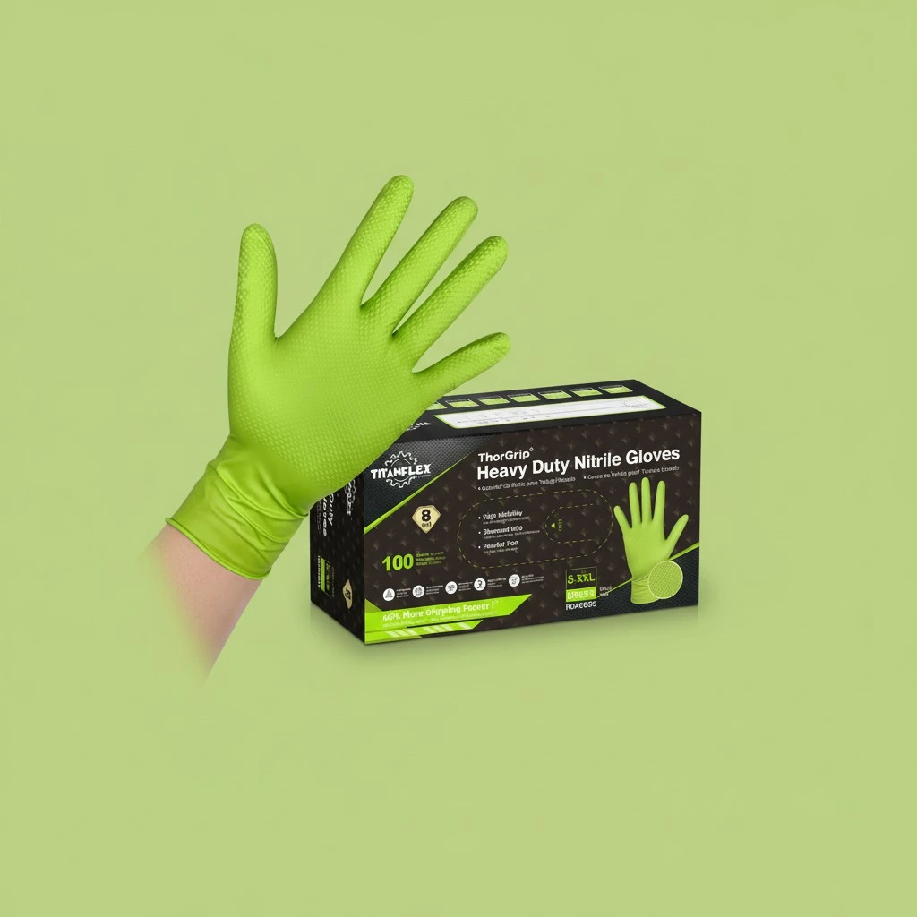 TitanFlex Heavy Duty Green Industrial Nitrile Gloves with Raised Diamond Texture, 8-mil, Latex Free, Powder Free