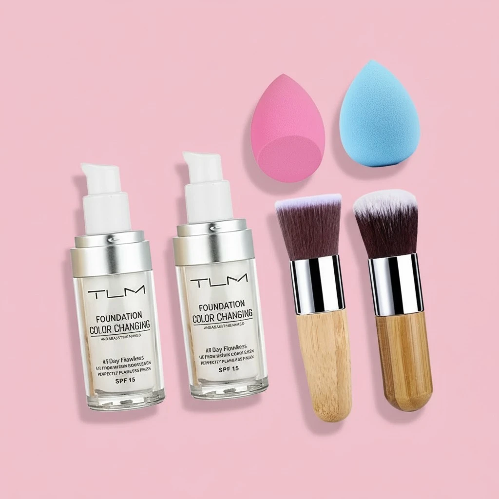 2pcs TLM Color Changing Foundation Liquid with 2 Brushes and 2 Cosmetics Sponge Flawless Full Coverage Natural Color Face Primer Base Makeup 30ml