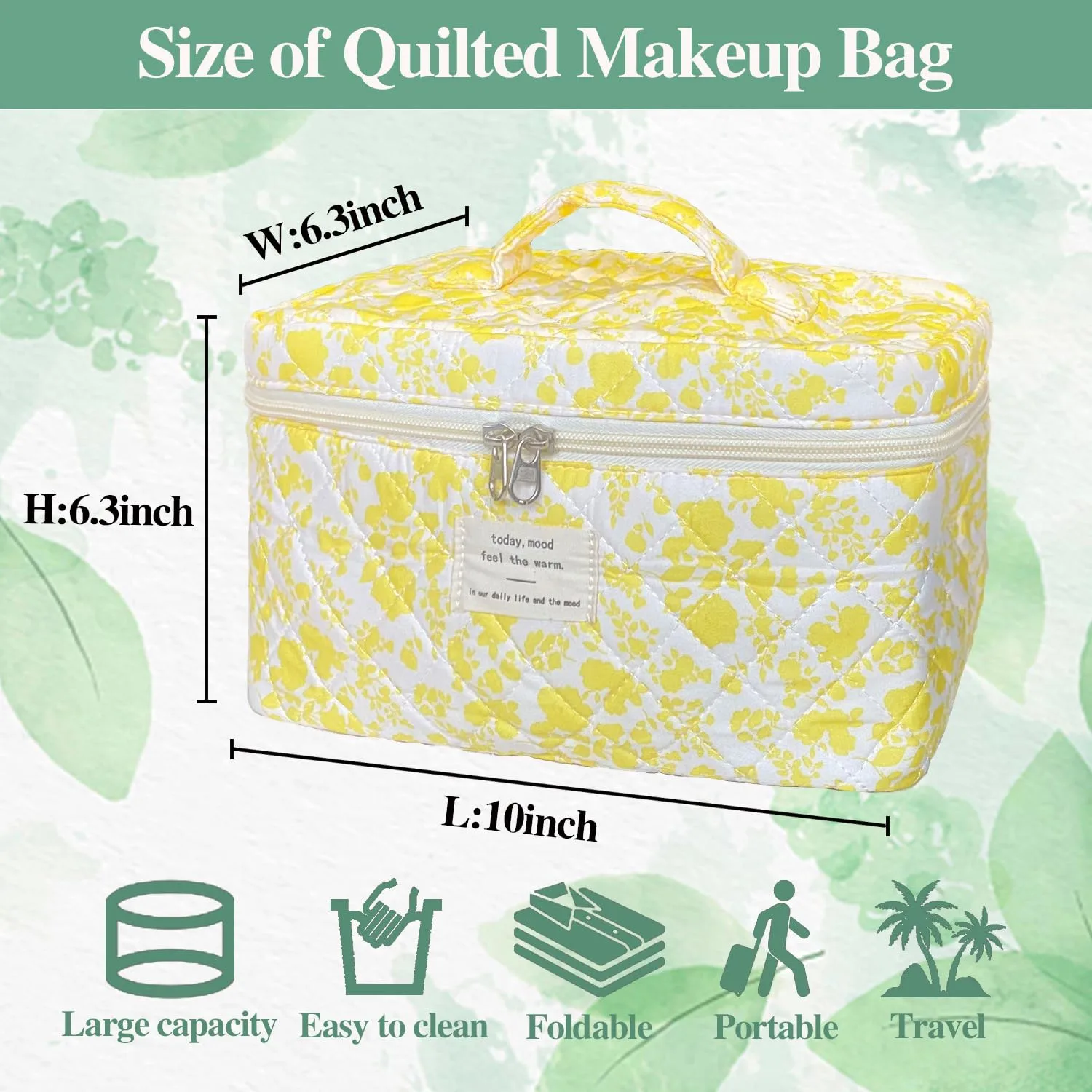 Yellow Large Quilted Floral Makeup Bag Cute Soft Coquette Aesthetic Cosmetic Bag Cotton Travel Toiletry Bag for Women