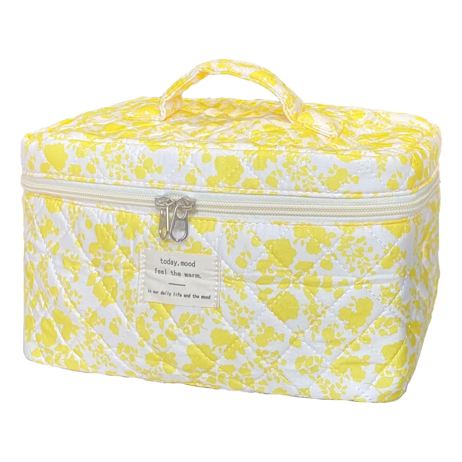 Yellow Large Quilted Floral Makeup Bag Cute Soft Coquette Aesthetic Cosmetic Bag Cotton Travel Toiletry Bag for Women