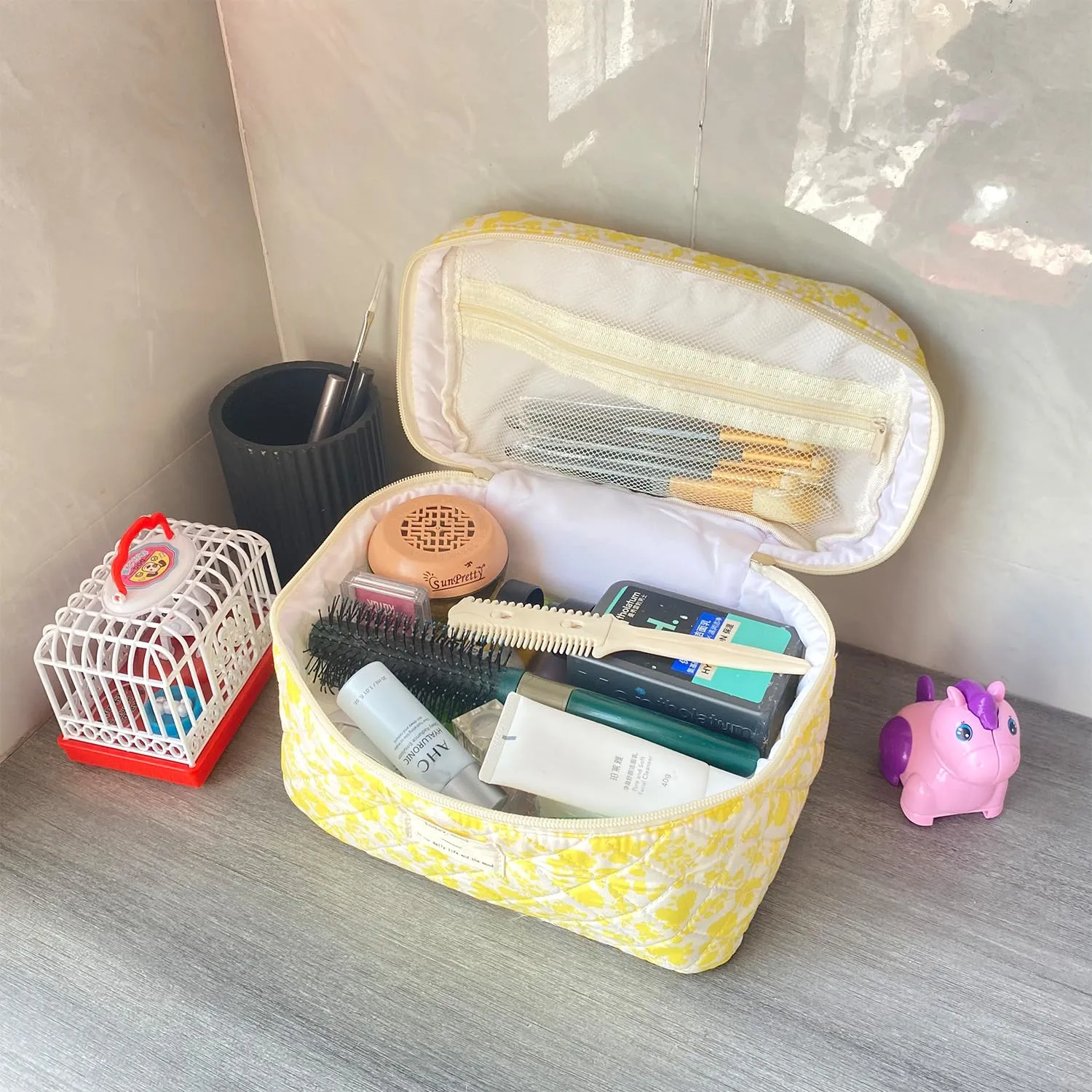 Yellow Large Quilted Floral Makeup Bag Cute Soft Coquette Aesthetic Cosmetic Bag Cotton Travel Toiletry Bag for Women
