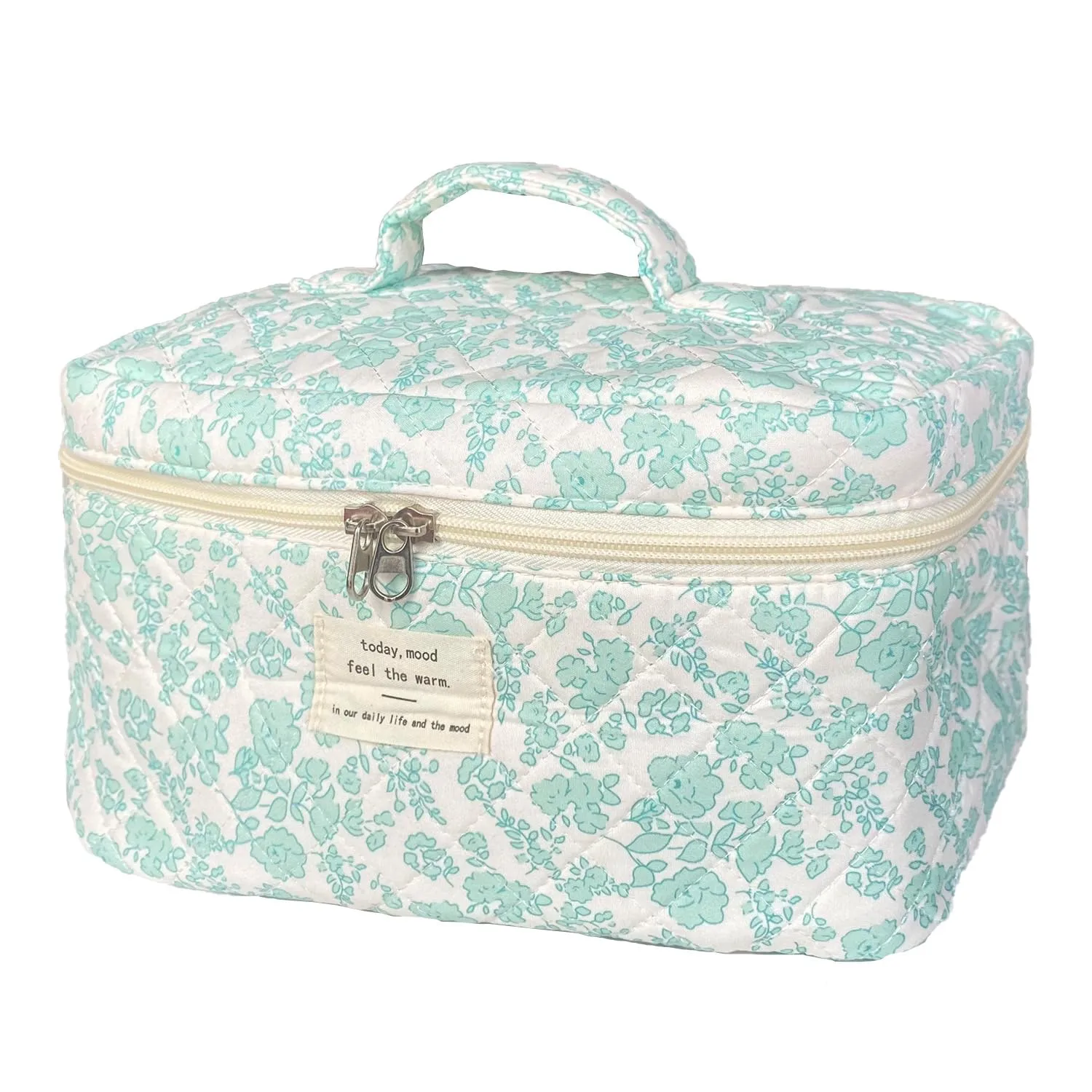 Green Large Quilted Floral Makeup Bag Cute Soft Coquette Aesthetic Cosmetic Bag Cotton Travel Toiletry Bag for Women