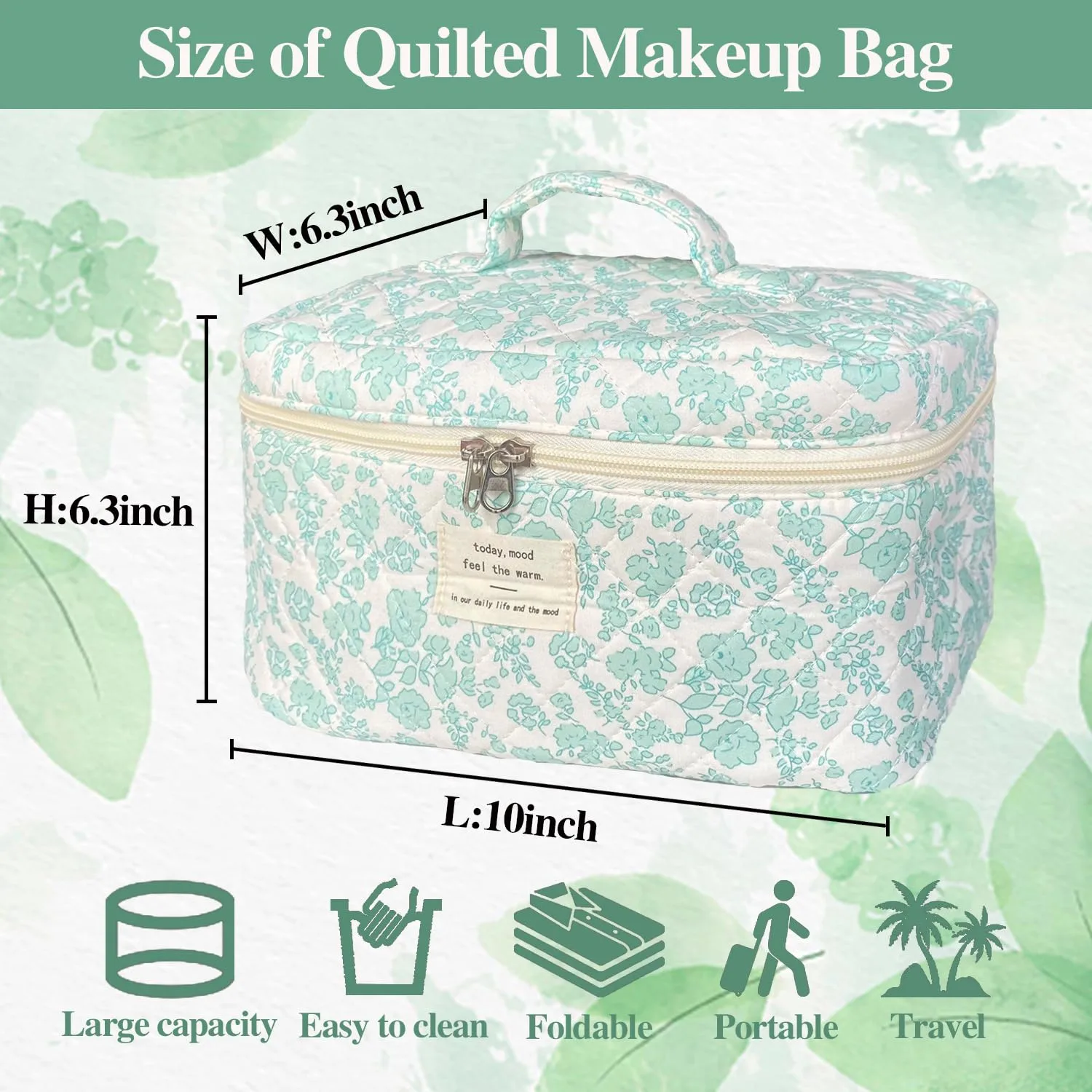 Green Large Quilted Floral Makeup Bag Cute Soft Coquette Aesthetic Cosmetic Bag Cotton Travel Toiletry Bag for Women