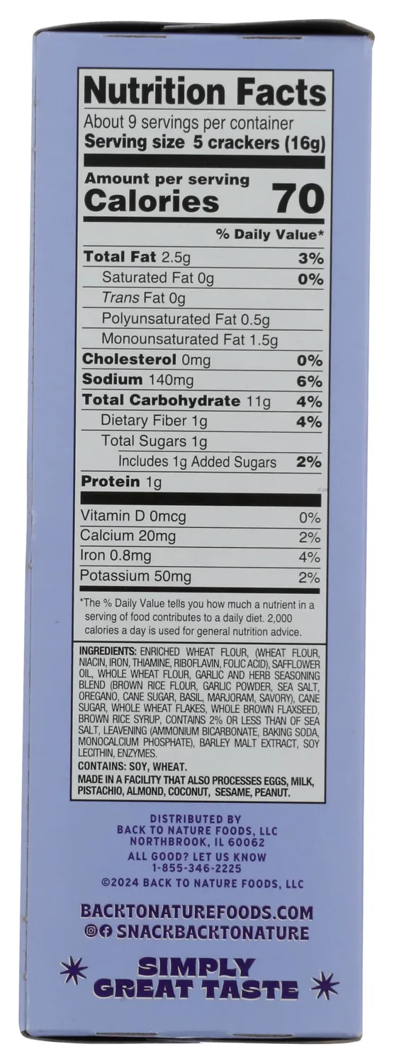 BACK TO NATURE Roasted Garlic & Herb Stoneground Wheat Crackers, 5 OZ